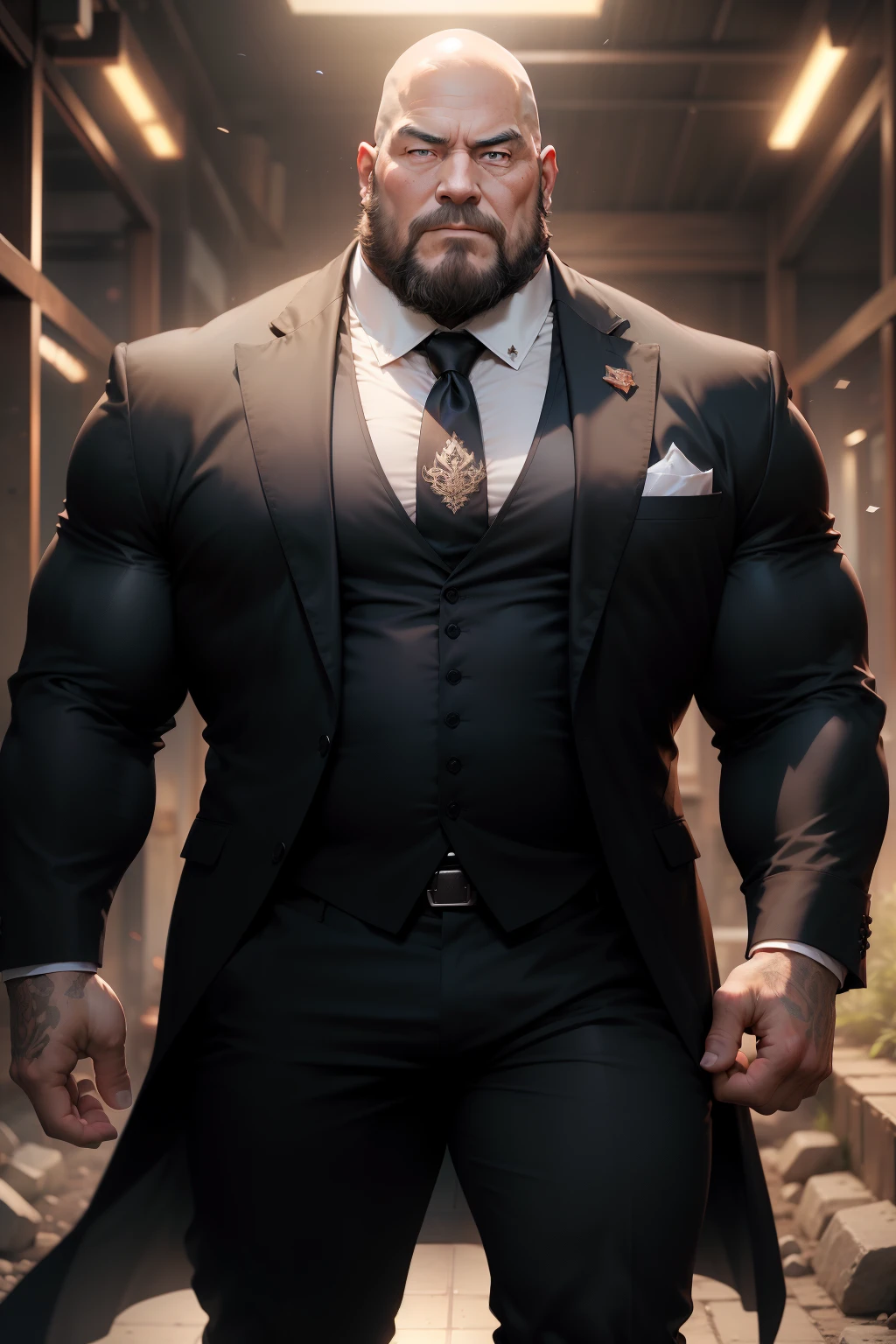 handsome old man、Bald head with a slightly long beard、Black tuxedo、thick body,musculature、pectoral muscles、 Gatai is good、Slightly fat,Long tie, sharp gaze、In the cage,Glowing red eyes, big bulge, Standing, Hide your hands behind your hips, HD quality, masutepiece, Extremely detailed, Looking to the Viewer, perspective view, nffsw, 64k uhd, Unreal.(highly detailedskin), (Detailed face), Detailed background, Dark lighting, Twilight Lighting, Volumetric lighting, Intricate details, nffsw、Draw the whole body from head to toes