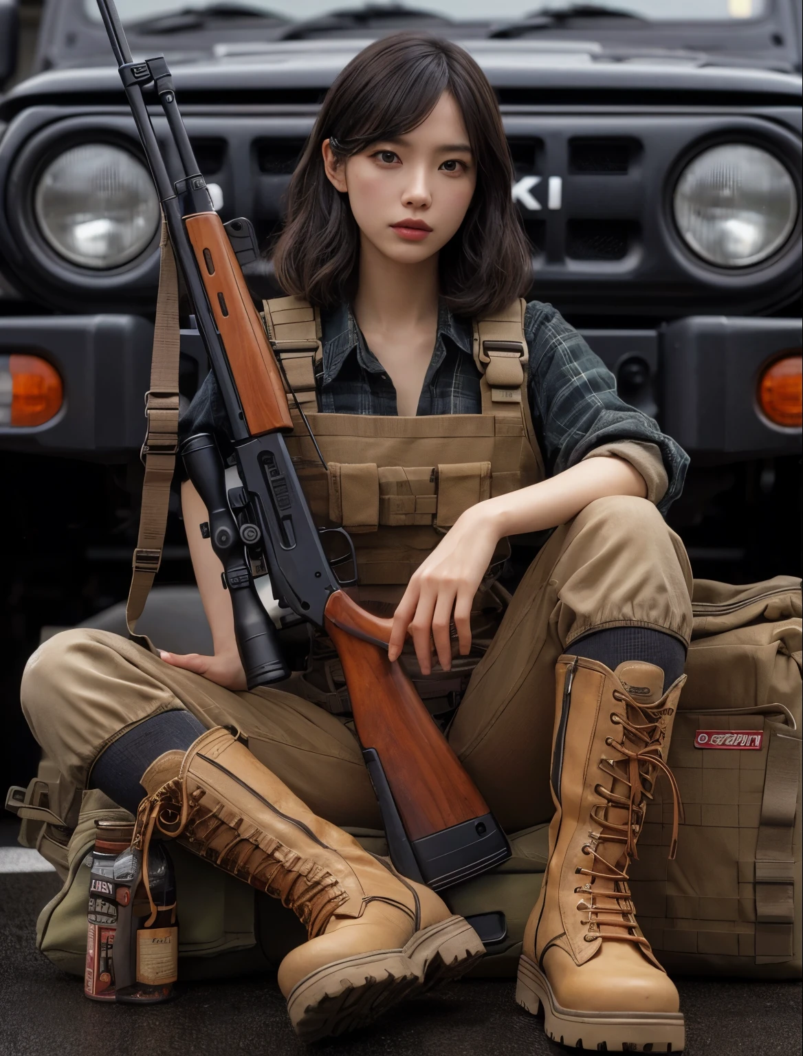 Photorealsitic、realistic skin textures、automatic rifle、Bolides