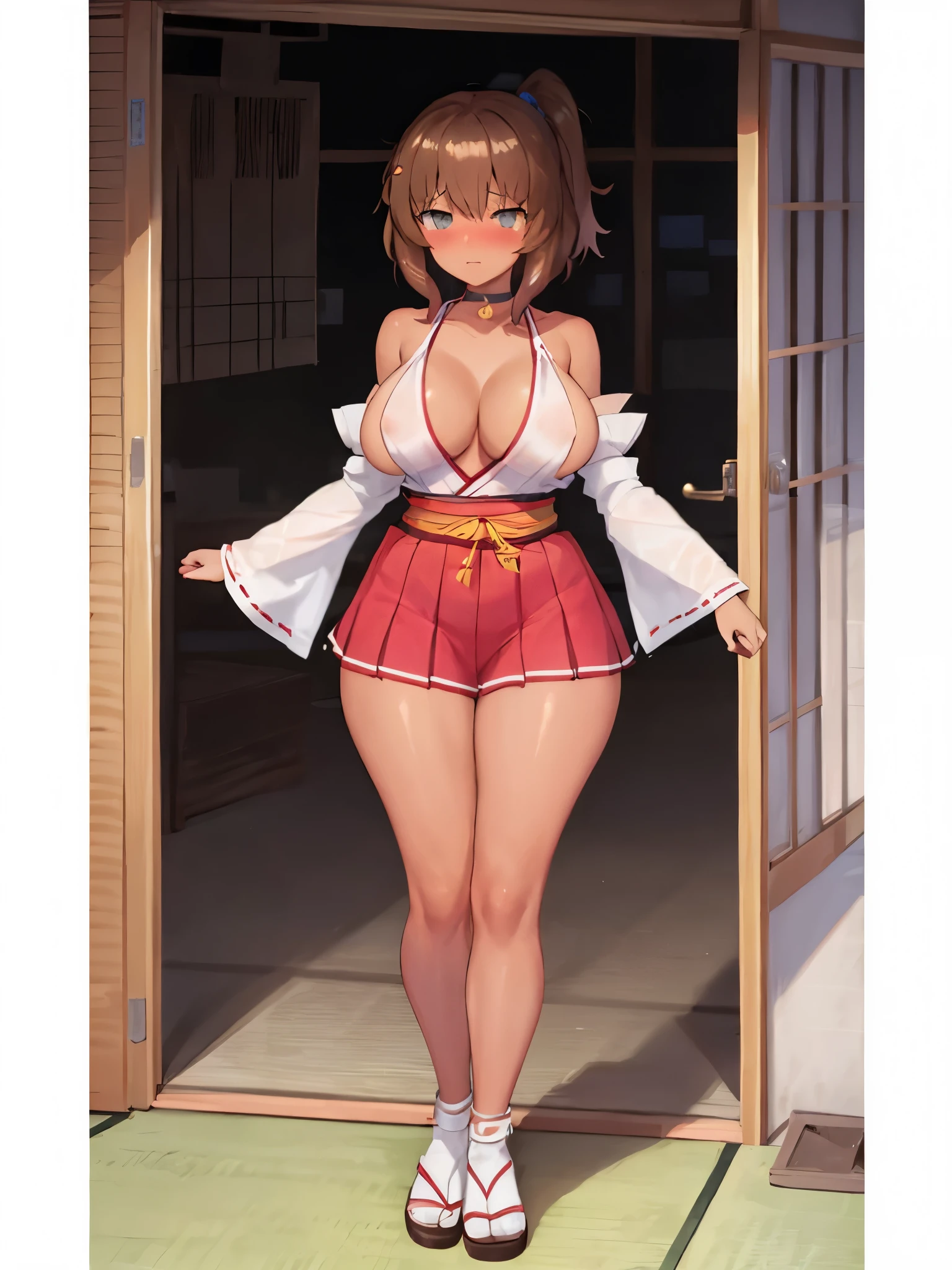 1girl, solo, fullbody, dark skin, tan, schooluni, school uniform, shrine maiden, japanese clothes, detached sleeves, cleavage, dark hair, short hair, thick side ponytail, black choker, grey eyes, embarrassed, blush, extra huge breasts, thick thighs, bare hands, bare legs, high heel sandals, lora:Celesphonia:1:1,1,1,1,1,0,0,0,1,1,1,1,0,0,0,0,0, (Highest picture quality), colorful, (masterpiece:1.5), ultra high res, best quality, extremely detailed wallpaper, (intricate detail)