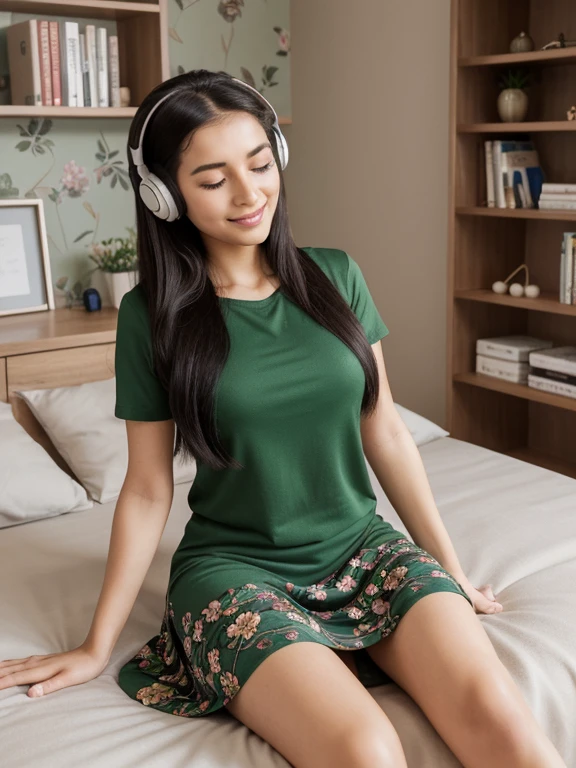 Black hair girl, 20 year old, sitting relaxed & listening music in her room, ((head phones), (eyes closed), (smirk:1.1), (very long hair)) UHD, 64K, natural beauty, (wearing:1.6 green shirt, floral long skirt), (high Quality:1.6 face, ears, nose, eyes, eyelids, glossy lips, beautiful curves, hands, arms, legs, thighs, anatomy, body parts), rich colors, soothing atmosphere, realistic, ultra realistic, award winning photograph, (background:1.6 desktop, (cartoon:0.9) wallpaper, shelves, bed, books)