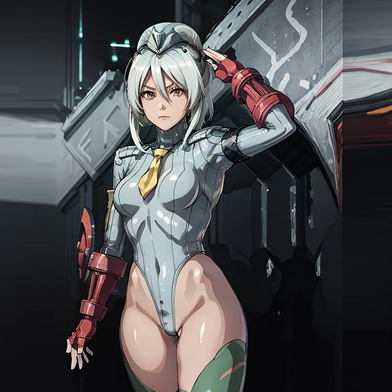 ultra-detailed, Explicit, Beautiful body, Beautiful Nose, Beautiful character design, perfect eyes, perfect face, ultra highres, 4K, beautiful legs, perfect legs, Nice hands, Perfect hand, Masterpiece, Best Quality, Highly detailed, illustration, absurdres, street fighter, doll suit, shadaloo doll, dollsuit, girls, multiple girls, expressionless, blank eyes, looking at viewer, red gloves, emotionless, black latex, corrution, mind control, female combatant, full body, hypnotized, unhappy trance, full body suit, ribbed bodysuit, both arms at side, obey, perfect female body, extremely glossy latex, hypnosis, hypnoLora, empty eyes, Mind control device, poses, submissive_pose, Slave, hat, necktie, stand up straight, standing, standing at attention, hat, necktie, belt, latex, ribbed bodysuit, brown hair, thighhighs, garter belt, Fighting Stance, extending the right arm from the shoulder into the air with a straightened hand, nazi saluting, military, military saluting, salute, thigh boots, Nuwa, Warriors Orochi, white hair, halo, green headdress, hair ornament, jewelry, yellow eyes, medium breasts,
