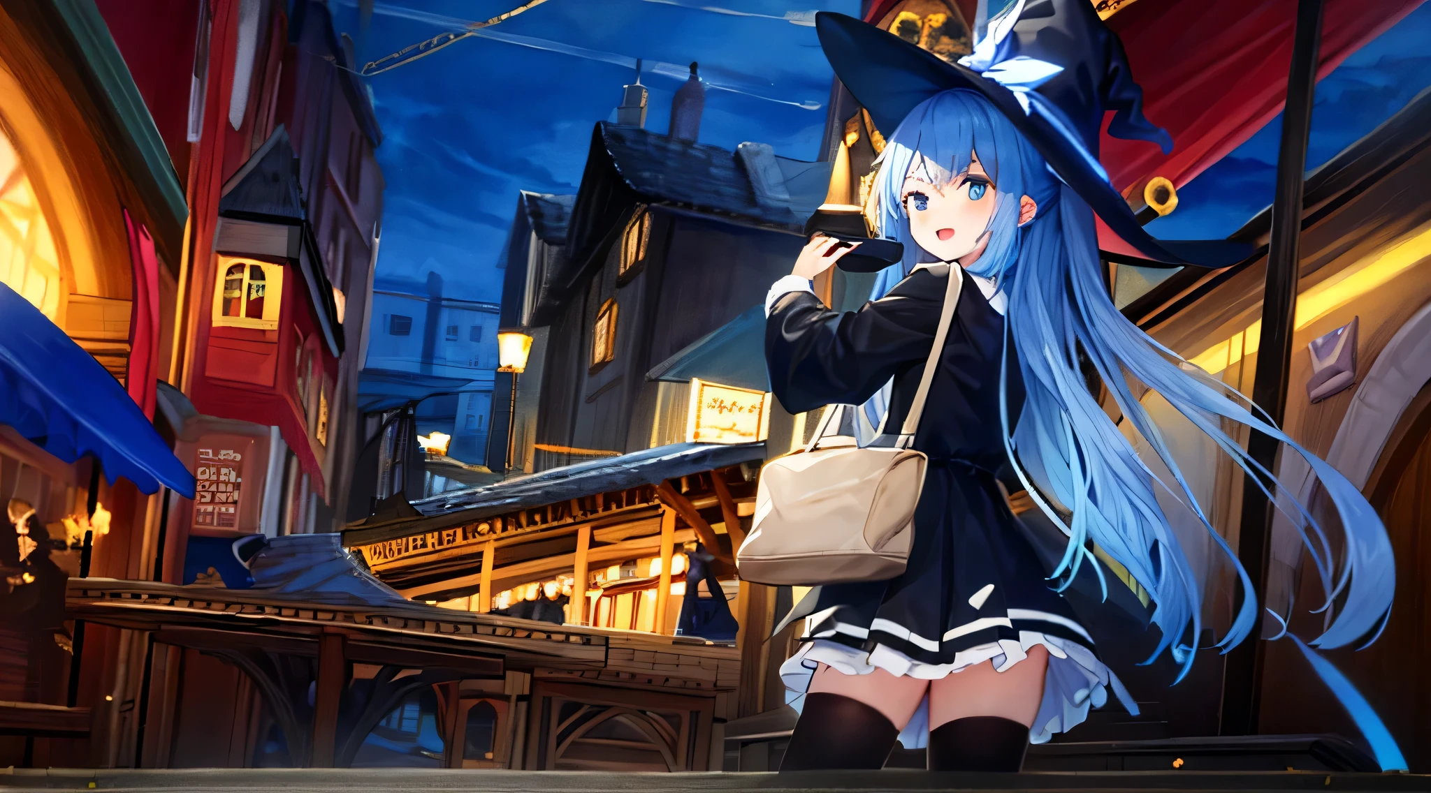 wearing a witch hat、black color dress、Anime girl carrying bag, Translucent fluid flowing from the《Azure route》videogame, high detailed Official artwork, from Girl Front, Downtown background, Girl Front cg, the are In the background, town in background, Girl Front style, Small town background, the are In the background, Girl Front universe, Translucent fluid flowing from the方舟之夜开始, Official artwork, Detailed pubic hair. Girl Front