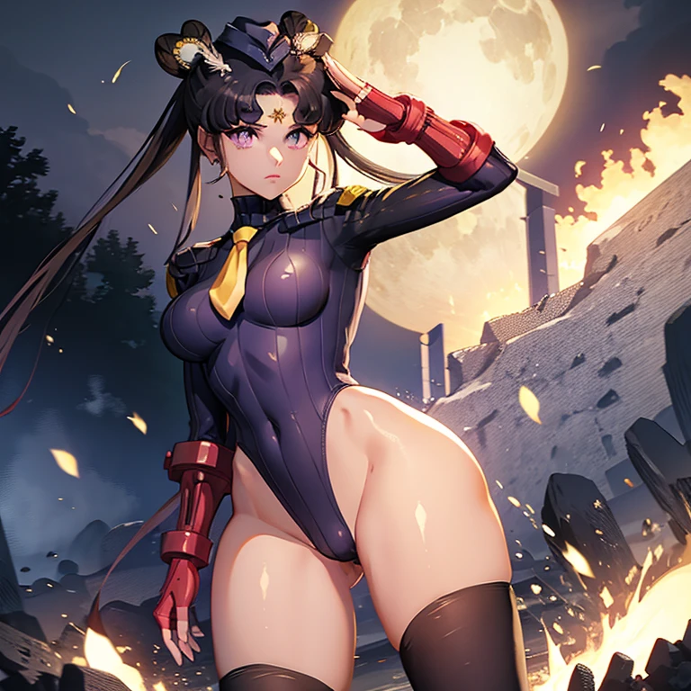 ultra-detailed, Explicit, Beautiful body, Beautiful Nose, Beautiful character design, perfect eyes, perfect face, ultra highres, 4K, beautiful legs, perfect legs, Nice hands, Perfect hand, Masterpiece, Best Quality, Highly detailed, illustration, absurdres, street fighter, doll suit, shadaloo doll, dollsuit, girls, multiple girls, expressionless, blank eyes, looking at viewer, red gloves, emotionless, black latex, corrution, mind control, female combatant, full body, hypnotized, unhappy trance, full body suit, ribbed bodysuit, both arms at side, obey, perfect female body, extremely glossy latex, hypnosis, hypnoLora, empty eyes, Mind control device, poses, submissive_pose, Slave, hat, necktie, stand up straight, standing, standing at attention, hat, necktie, belt, latex, ribbed bodysuit, brown hair, thighhighs, garter belt, Fighting Stance, extending the right arm from the shoulder into the air with a straightened hand, nazi saluting, military, military saluting, salute, thigh boots, Sailor Cosmos, Sailor Moon, long hair, hair ornament, twintails, jewelry, purple eyes, white hair, earrings, choker, sailor collar, hair bun, double bun, facial mark, hairpin,