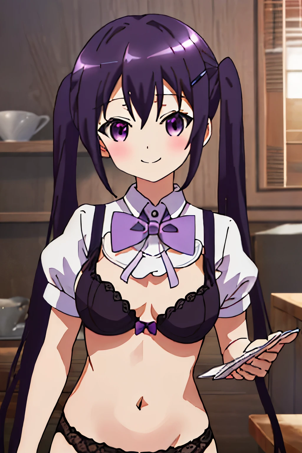 best quality, masterpiece, highres, solo, {tedeza_rize_istheorderarabbit:1.15}, purple_hair, long_hair, twintails, purple_eyes, bangs, hair_ornament, blush, hairclip, hair_between_eyes, closed_mouth, indoors, 1girl, bow, bowtie, looking_at_viewer,bra ,tight panties smile, breasts