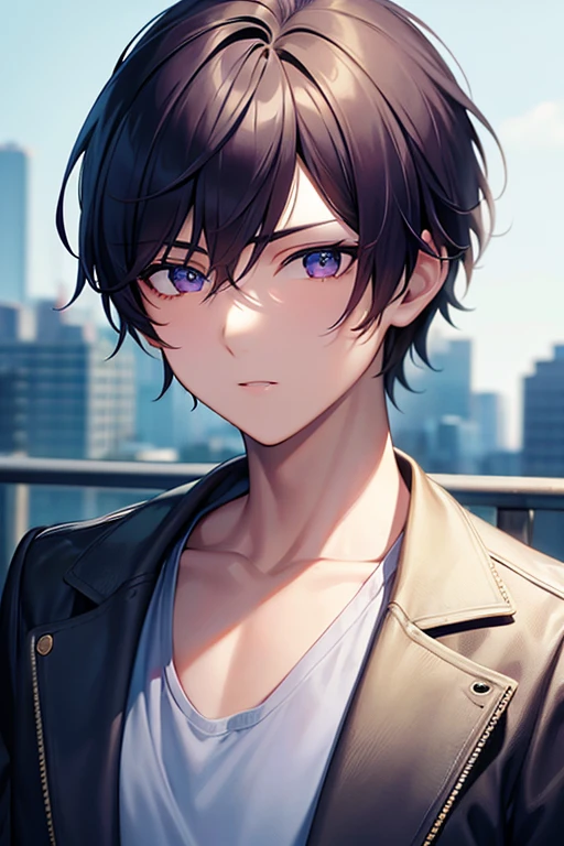 (best quality,highres:1.2),ultra-detailed,boy with stylized short hair,violet eyes,detailed face,calm expression,school background,natural lighting,vivid colors,illustration,sharp focus,portraits,cool color tones