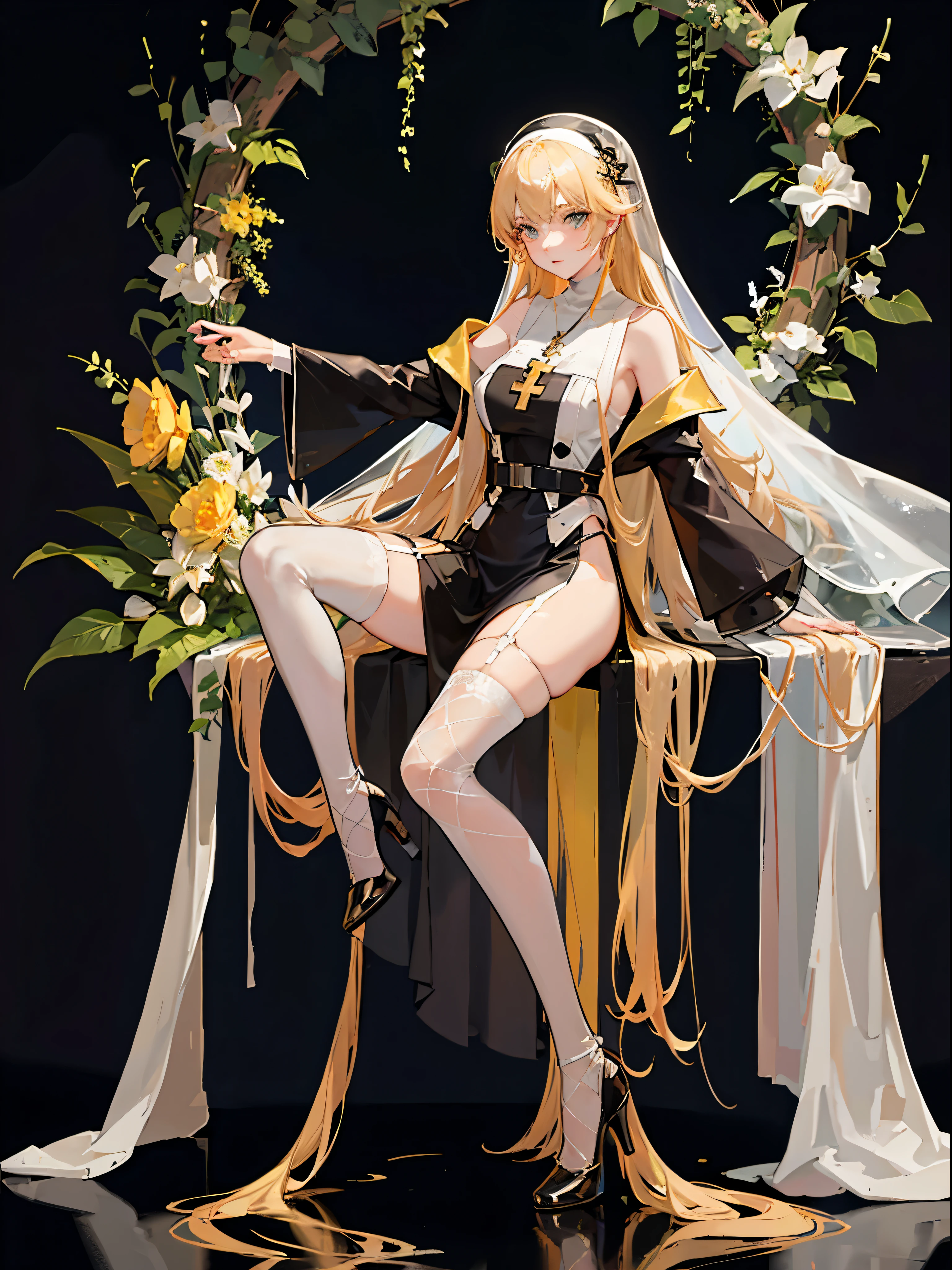 Fulll body Shot,sportrait,the only person,A beautyful girl,Hair over the shoulder,Whitish skin tone,Horny nuns,Yellowhair,Ten fingers intertwined,a garter belt,veils,fishnet stockings,high heels boots,monk clothing,cross necklace,side slit dress,V-shaped dress