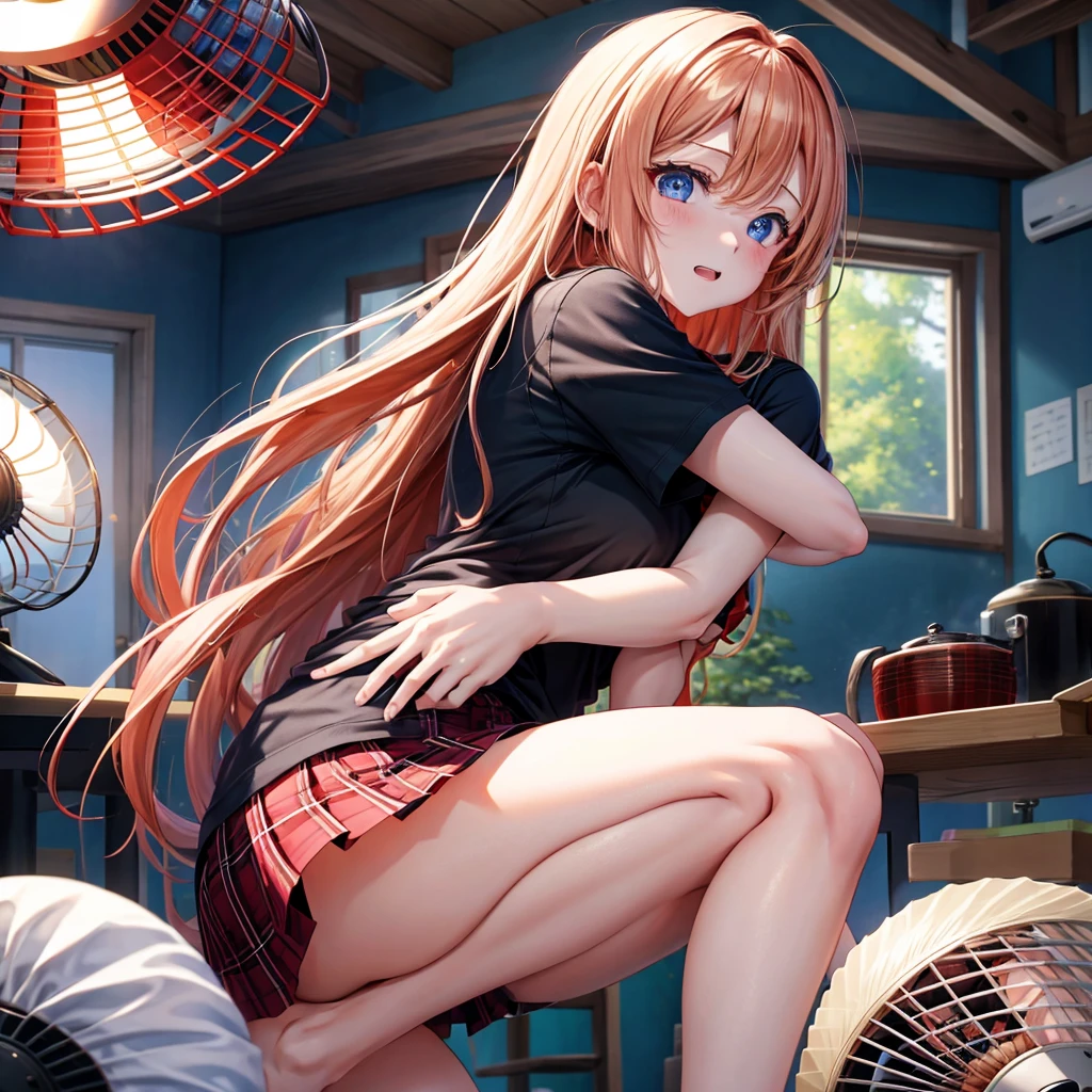 red blonde、blue eyess、one good looking girl、独奏、animesque、Plaid miniskirt、Black T-shirt、the woods、Sunlight、inside in room、Gah、Frolicking、electric fan、Hugging