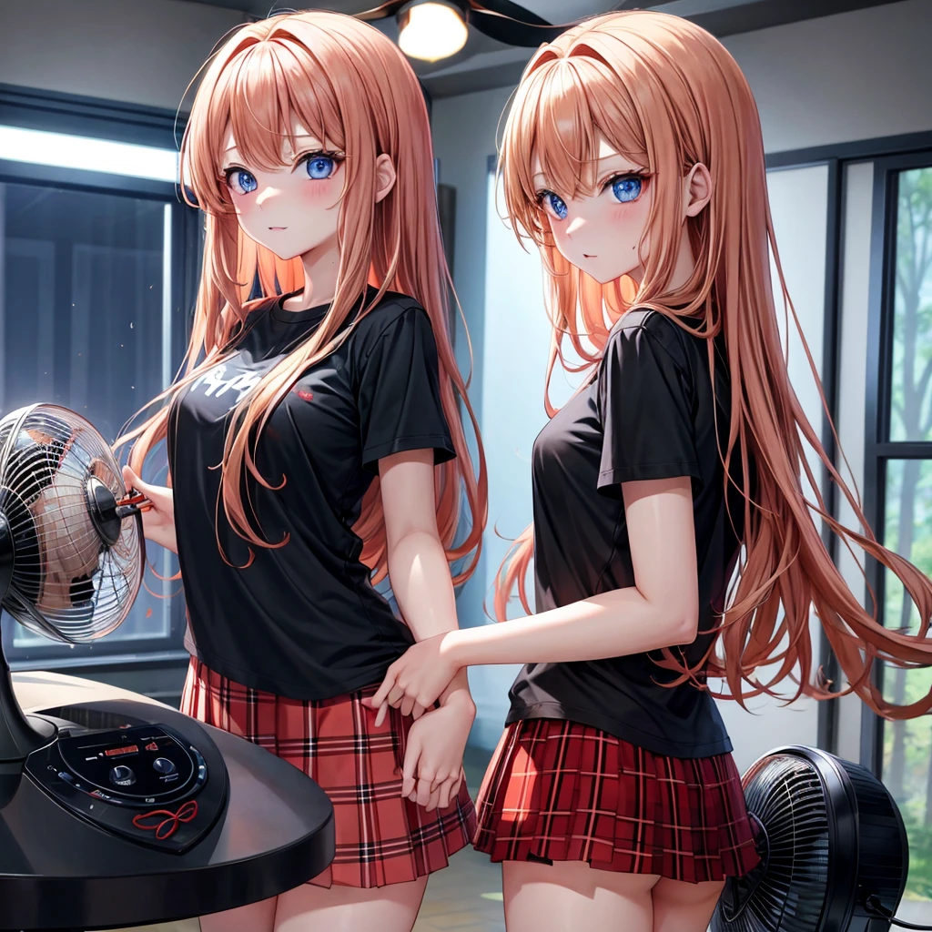 red blonde、blue eyess、one good looking girl、独奏、animesque、Plaid miniskirt、Black T-shirt、camisole、the woods、Sunlight、inside in room、Gah、Frolicking、electric fan、Hugging、ah、being sloppy