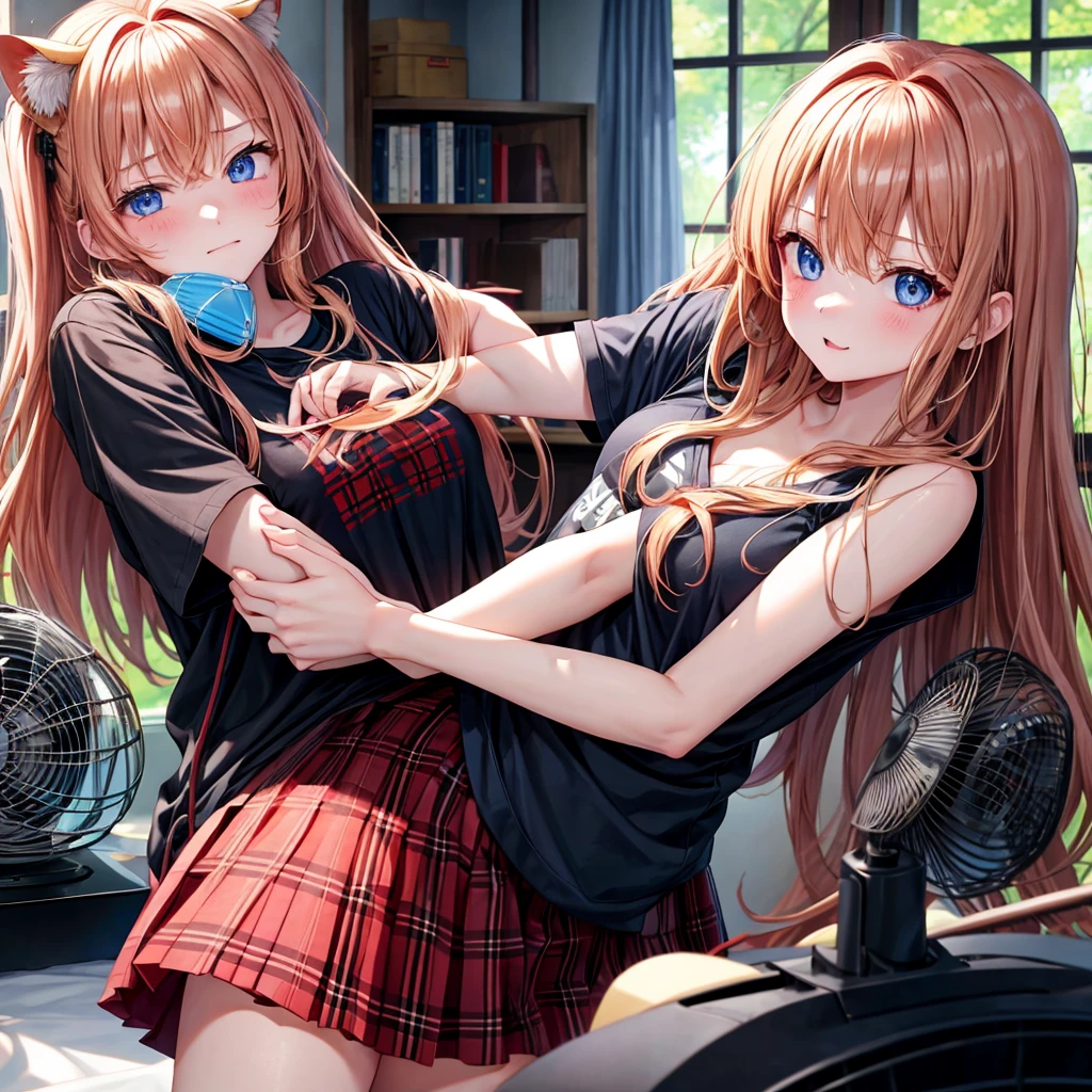 red blonde、blue eyess、one good looking girl、独奏、animesque、Plaid miniskirt、Black T-shirt、camisole、the woods、Sunlight、inside in room、Gah、Frolicking、electric fan、Hugging、ah、being sloppy