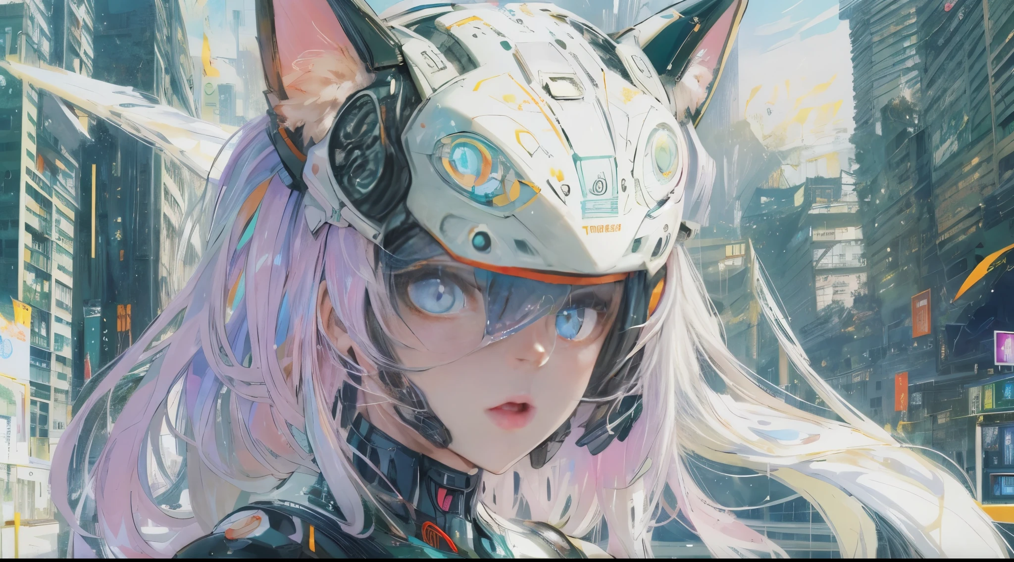 1 Girl, Skin-Tight Body-suite, (Black Body-Suite), Mecha-Cat Ears, ((wearing cybernetic Visor as Eye-Wear)), Gadgets, (bright white utopia city background with lots of Fauna), Japanese scene, fractalized, fractal_body, (Panorama-Shot)