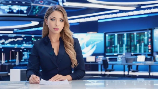 News anchor, canadian, black hair, white skin, super detail, super realistic, sitting at a glass reflective desk in a futuristic cyberpunk newsroom