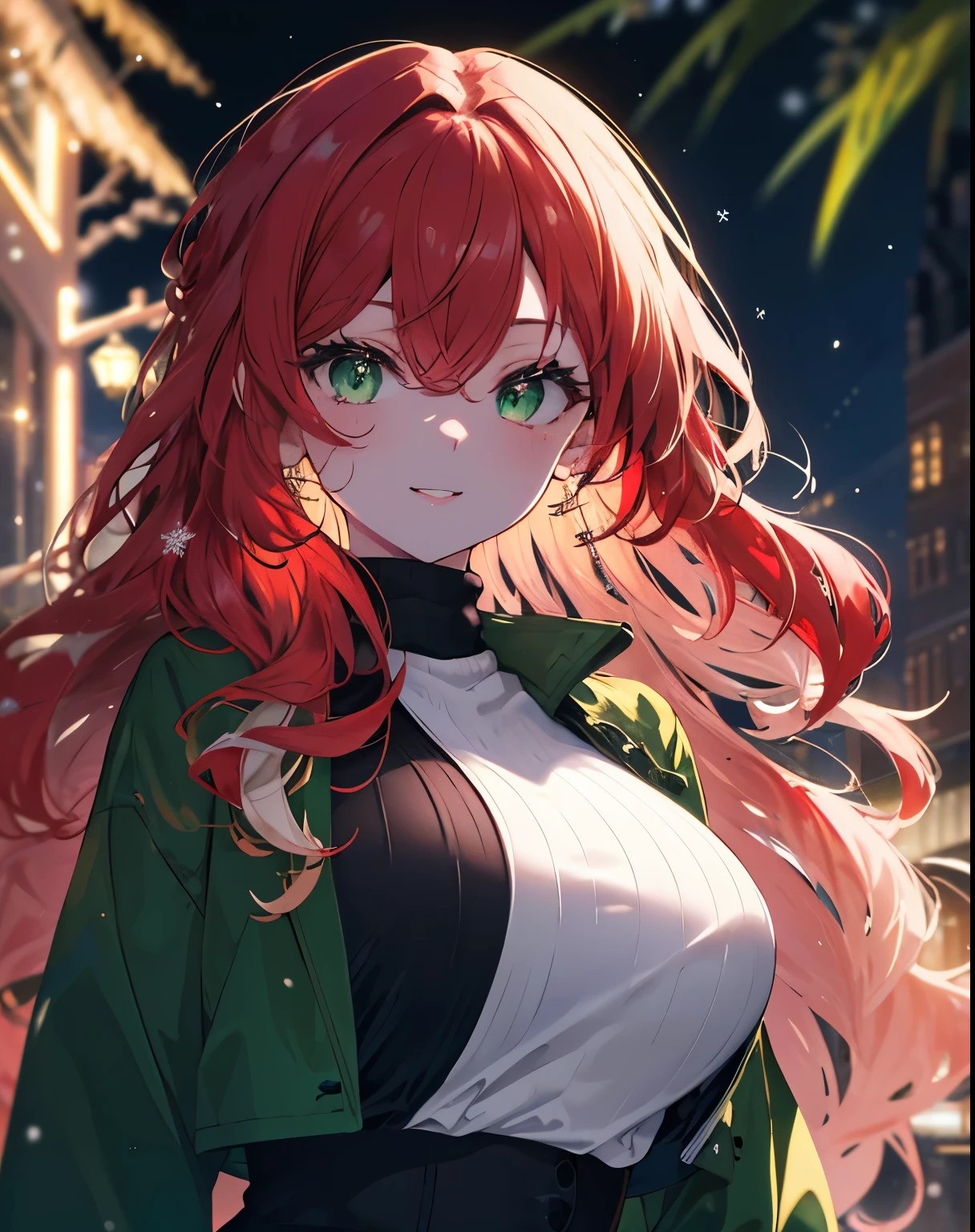 ((​masterpiece,hight resolution,8K picture quality,top-quality)),1womanl,((extra detailed face)),Delicate eyes,((Eyes are green)),((hairstyle on:Wavy long hair,strong wavy hair,redhair)),snowflakes falling,Christmas tree,look up at the tree,illumination night,City of Illuminations,City lit up,lensflare,Dramatic makeup,Natural complexion,huge tit,a smile,sexy lip,dark brown turtleneck knit,Green coat,