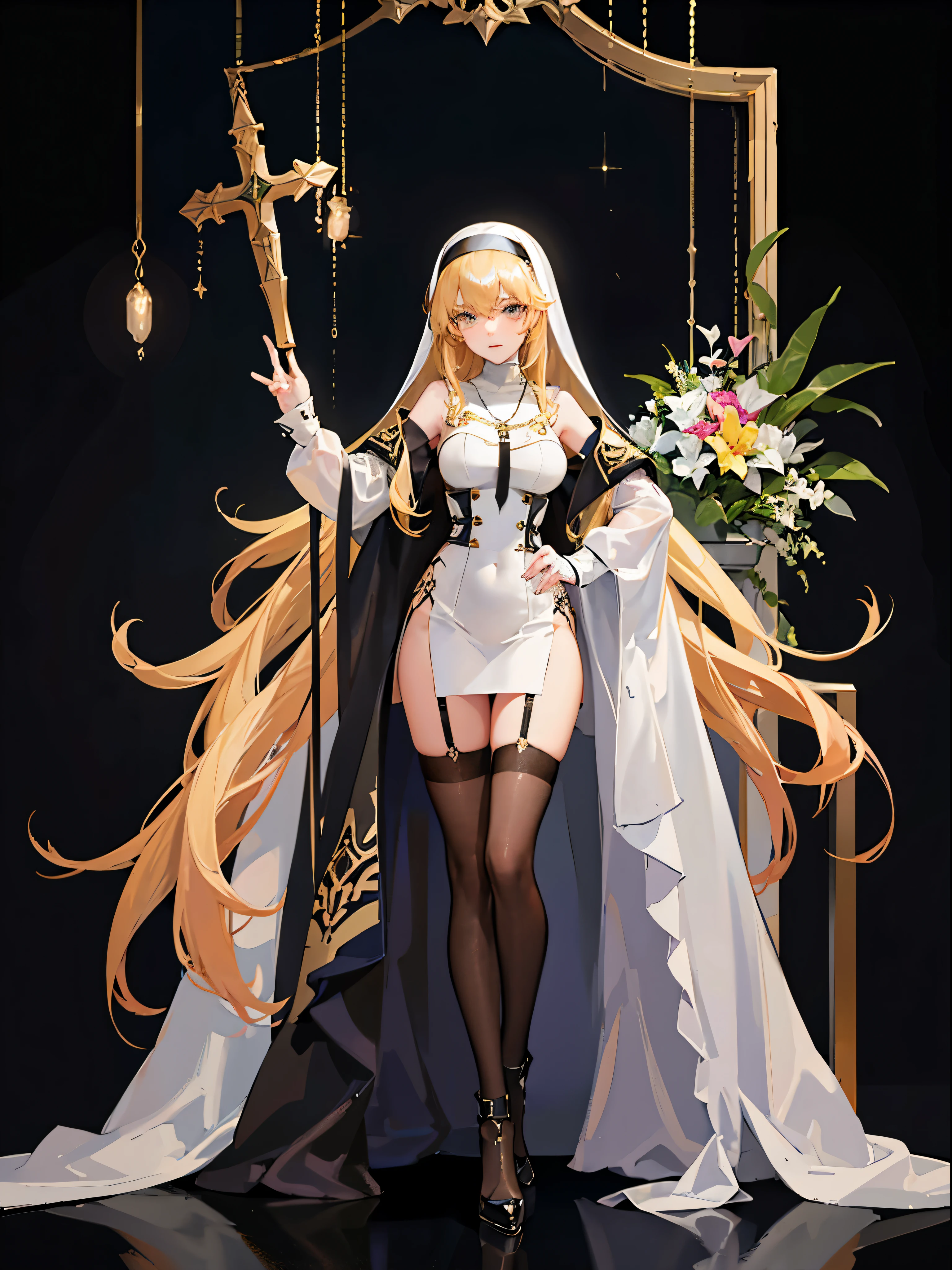 Fulll body Shot,sportrait,the only person,A beautyful girl,Hair over the shoulder,Whitish skin tone,Horny nuns,Yellowhair,Ten fingers intertwined,a garter belt,veils,fishnet stockings,high heels boots,monk clothing,cross necklace,side slit dress,V-shaped dress,long skirt