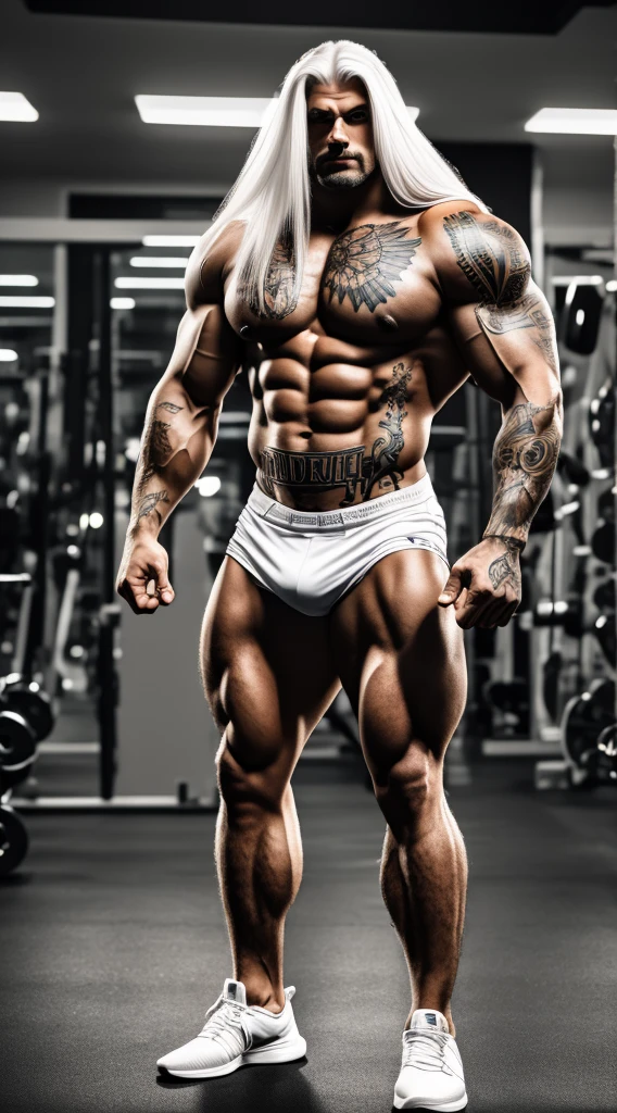 A bodybuilder standing, solo, full body tattoo, muscular body, long white hair, super detailed, realistic, 8k