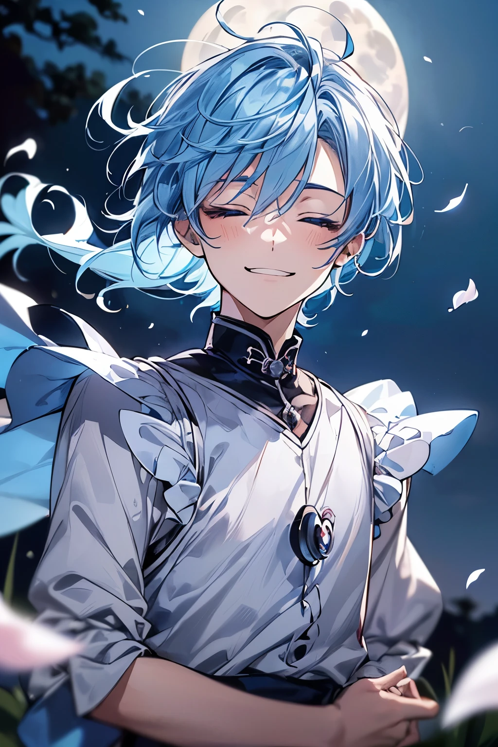 (masutepiece), (Best Quality), Highly detailed, (1 boy,独奏),taken from the under,Perfect face, Beautiful face, extra detailed face,(Light blue hair:1.3),(happily face:1.4),(close your eyes and laugh:1.3),(Hair that flutters in the wind:1.4),Looks like it's going to disappear,(moonlight:1.3),fleeting,Petals flutter