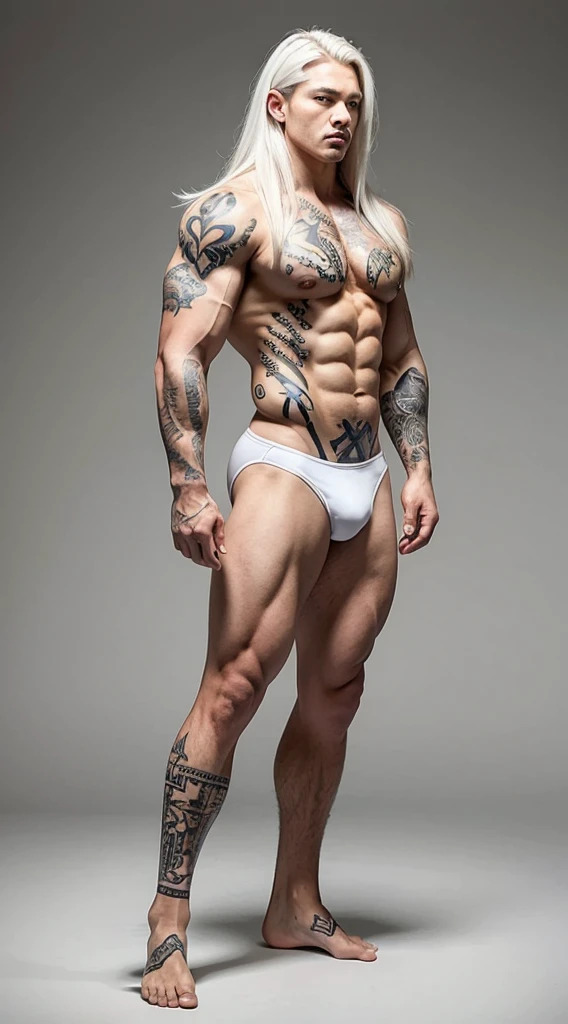 A bodybuilder standing, solo, full body tattoo, muscular body, long white hair, super detailed, realistic, 8k