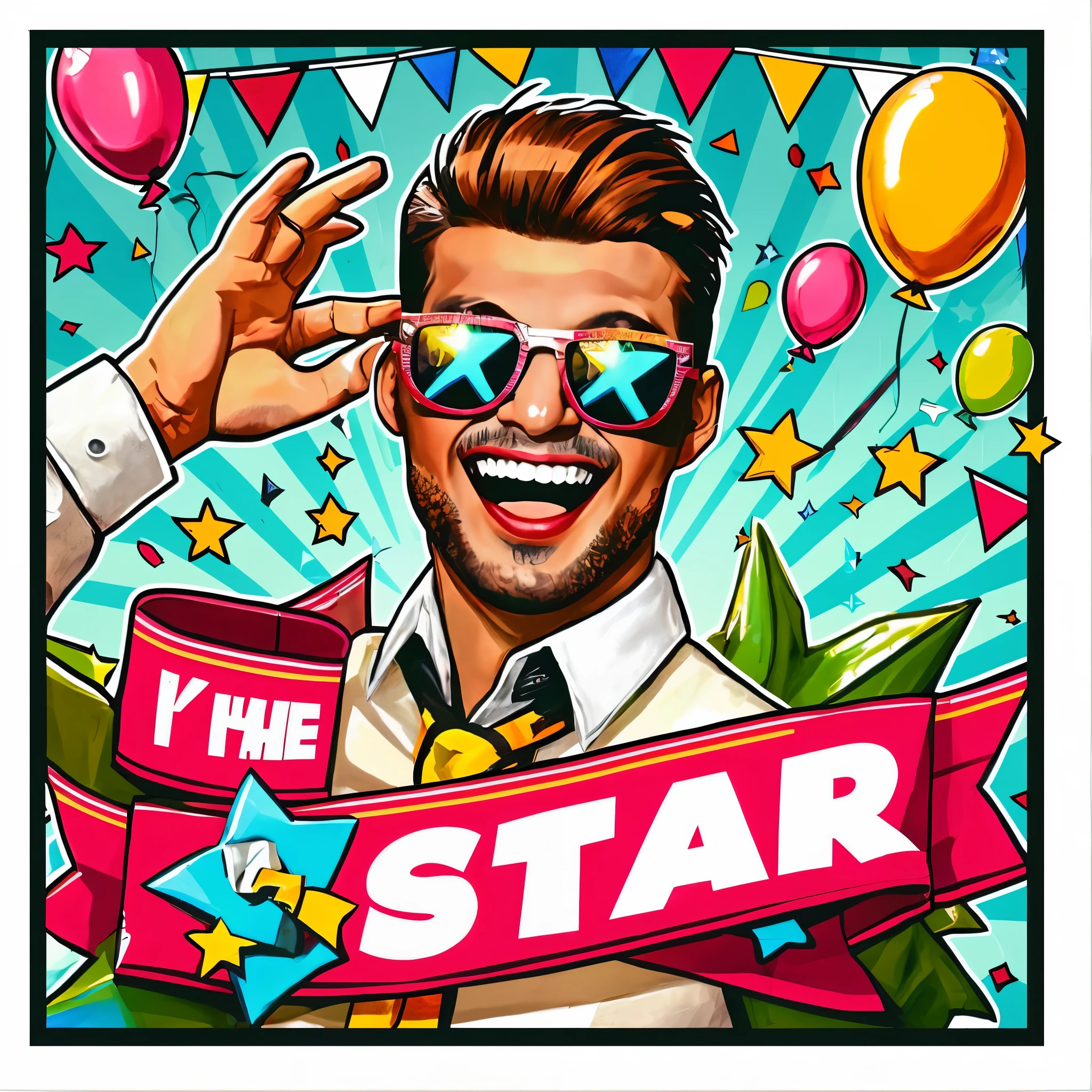 This is、A photorealistic square photo of an energetic man wearing sunglasses celebrating his birthday。, With a sash that makes a bold statement "i am the star".