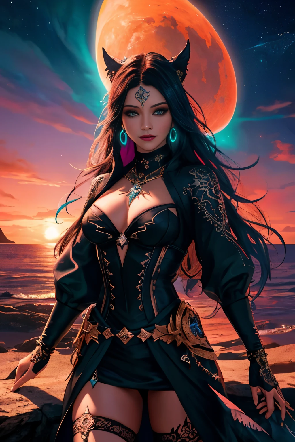 🏝️🦈🔬 Revelations Colorful UHD Photo realistic high resolution Stunningly beautiful goth woman, goddess with wicked gorgeous intricately detailed eyes, perfect body in every way, smiling seductively in a beautiful colorful cosmic galactic tropical sunset scenery, The color palette is a captivating blend of colors, creating a striking contrast that instantly captures the imagination. The character portrayed possesses an irresistible charisma, their presence enhancing the overall allure of this artwork. Displaying impeccable quality, this visually stunning image evokes a sense of wonder and captivates the viewer's imagination, unreal engine 5, octane render. Art by Supersquirrelstudios.com