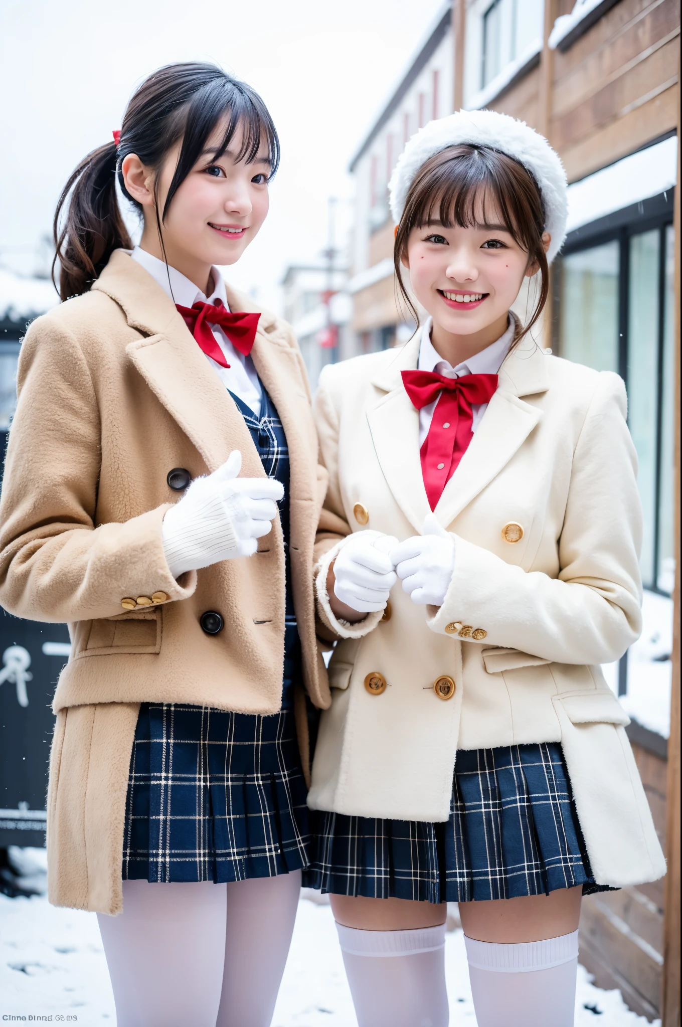 2 girls in snowy town street,white knitted hat,white shirt with red bow tie,white leggings,navy blue long coat,gloves,plaid pleated skirt,18-year-old,bangs,a little smile,thighs,knees,short cut hair,ponytail,from below