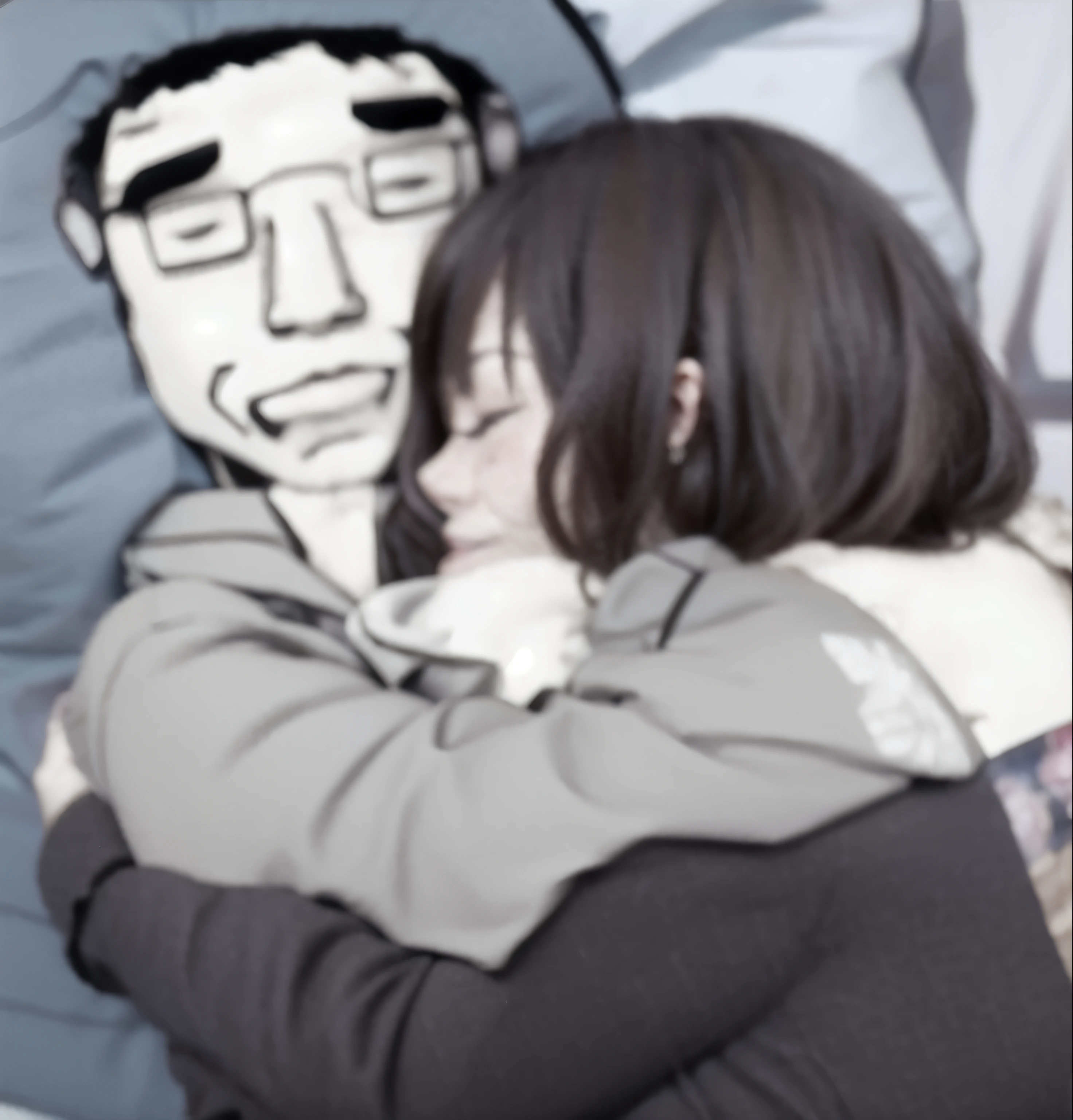 man and woman hugging each other in bed, man crying, wholesome