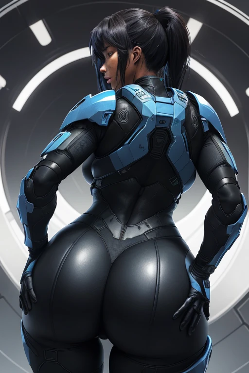 (kat from halo reach), female, halo, blue armor, black bodysuit, from behind, huge round ass, big black ass, she has a super thicc ass, black latex suit, slapping her ass
