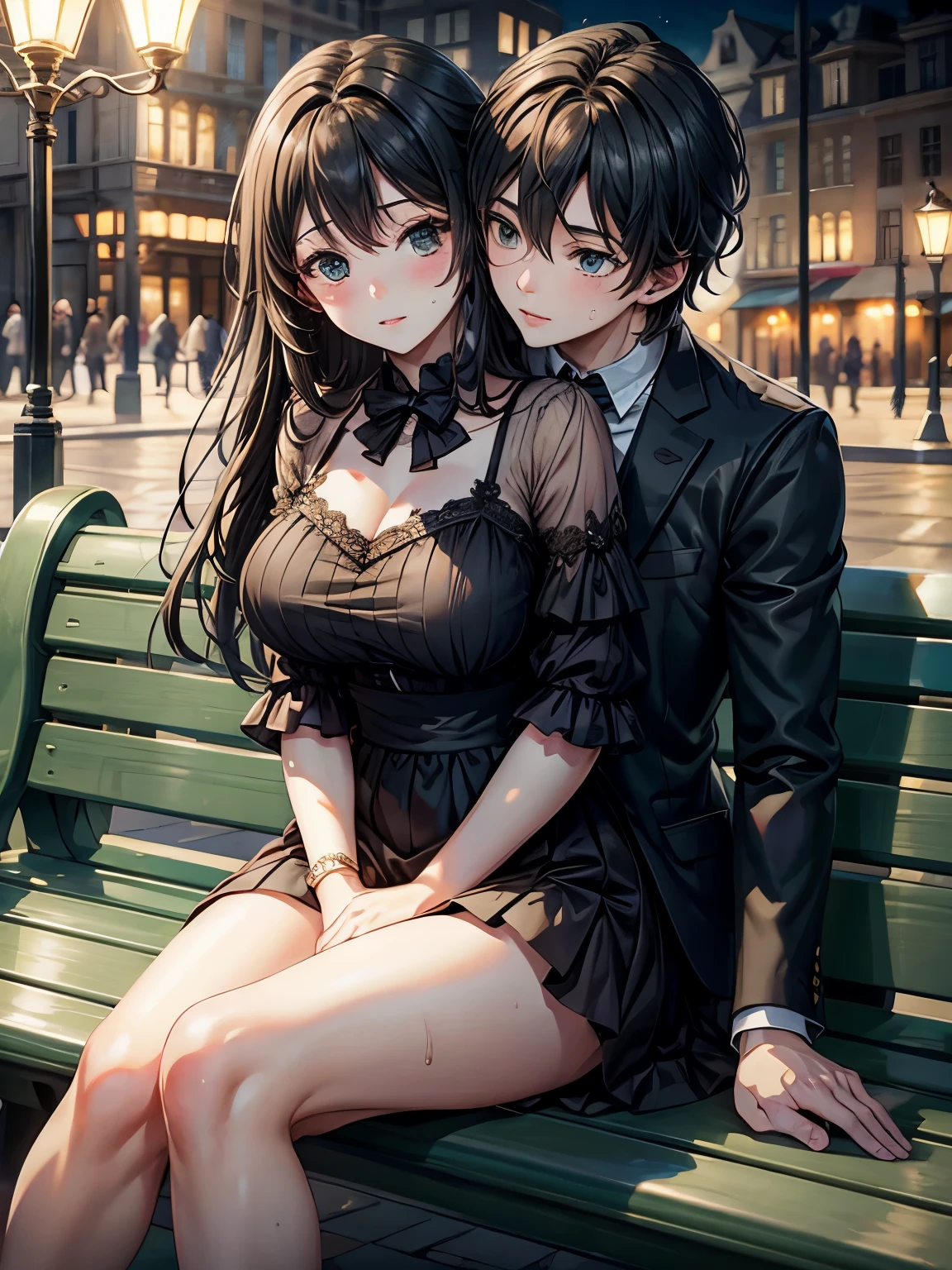 Intimate and high-quality photos of (Couple:1.2), Sit On (Bench:1.1), (Enchanting Light:1.1), sexy, passionate, exquisitely detailed, (sweat:1.1) with (glittering droplets:1.1), castle backgrounds, Sony Alpha 7R IV Camera, Digital Photo, f/2.8 lens, black-red, , Too many realistic textures, trends on social media, night light, (two heads)