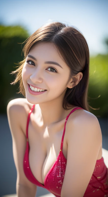 (8K, Raw photo, Photorealistic:1.25) ,( Gloss on lips,Glossy finish, Glossy glossy skin, Best Quality, 超A high resolution, color difference, Caustics, Wide light, Natural Shadow) look with serenity and goddess-like bliss to the spectators,(depth of fields:1.6), (colorful unfocused lights on background:1.2) ,very natural make-up,Photographed on a cloudy day ,Large breasts,Slender eyes.Downcast eyes. The distant look in her eyes、(Smile:2)Smile,(Professional models wearing gorgeous summer outfits)、Radio City、Medium Hair,whole body down to the feet