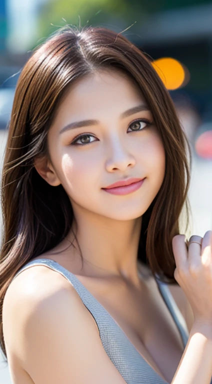 (8K, Raw photo, Photorealistic:1.25) ,( Gloss on lips,Glossy finish, Glossy glossy skin, Best Quality, 超A high resolution, color difference, Caustics, Wide light, Natural Shadow) look with serenity and goddess-like bliss to the spectators,(depth of fields:1.6), (colorful unfocused lights on background:1.2) ,very natural make-up,Photographed on a cloudy day ,Large breasts,Slender eyes.Downcast eyes. The distant look in her eyes、(Smile:2)Smile,(Professional models wearing gorgeous summer outfits)、Radio City、Medium Hair,whole body down to the feet