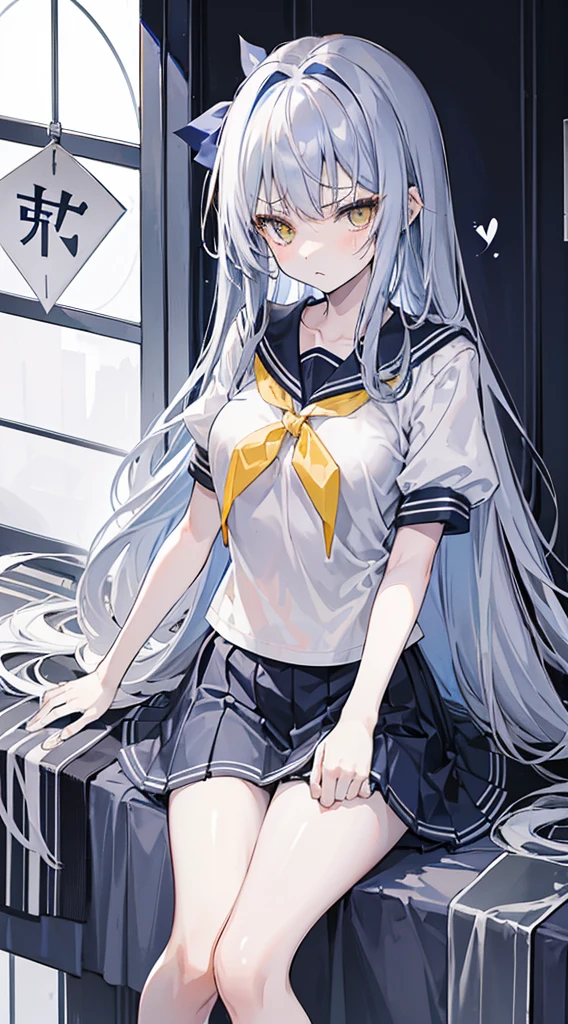 blue gray long hair，diagonal hair curtain，Hair is scattered around the waist，Black short sleeve sailor uniform school uniform plus skirt，White skin of the，pale bluish yellow eyes，Innocent eyes，Angry and puffy，He has small scissors in his hand for cutting hair.，girl，Colossal tits,(((tucking up the skirt、,)))