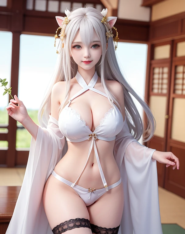 masterpiece, top-quality, 4 at Daki, 1girl in, 独奏, length hair, breastsout, A smile, (white hair)), hair adornments, Indoors, で, Japan architecture, thighs thighs thighs thighs, a navel, breastsoutの谷間, deery long hair, undergarment, panties on,