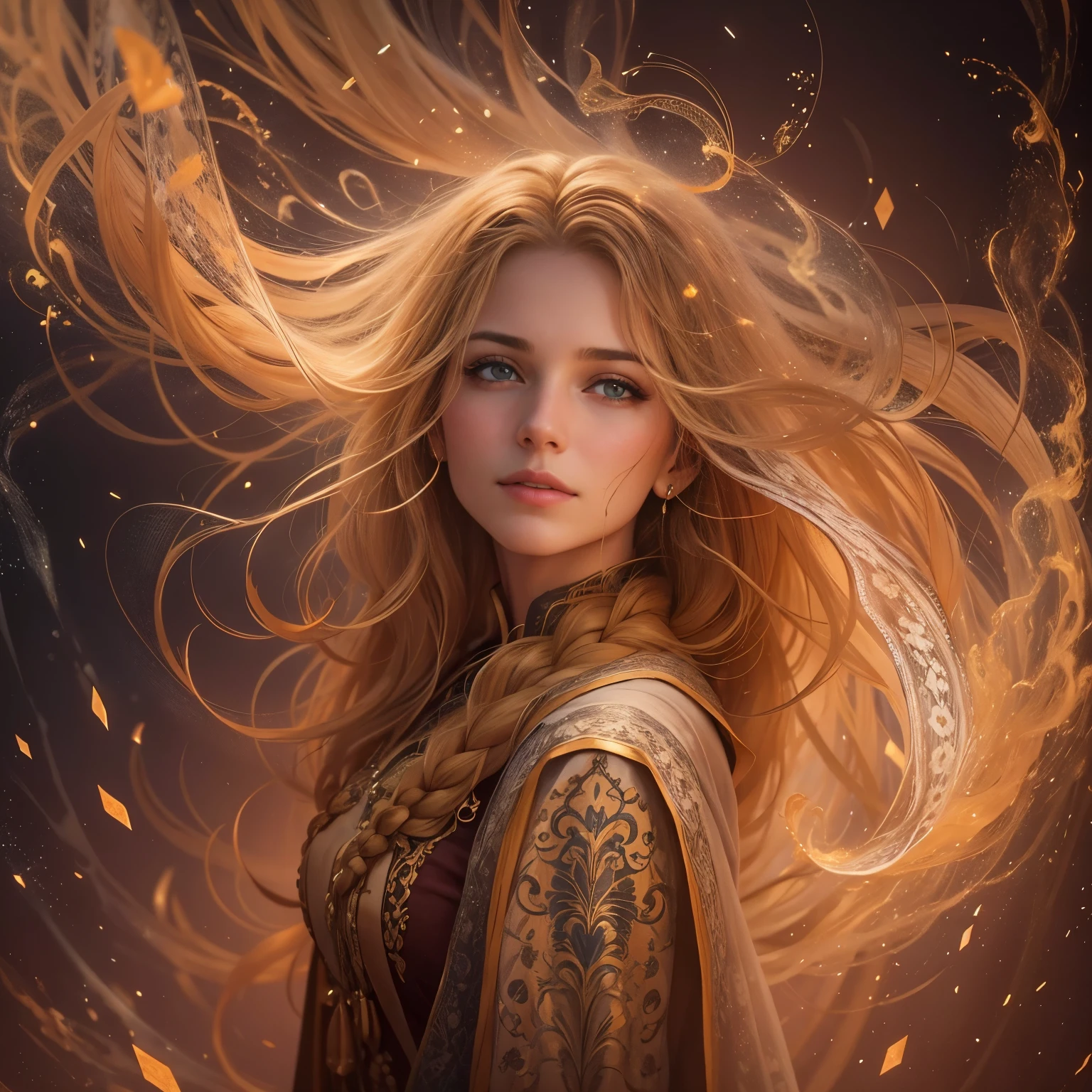 Aprimoramento de Qualidade Suprema))), (master part), (Enquadramento Superior), (:1.6) portrait of a hungarian woman, nua,(Sorriso:0.4), With your arms behind your head, Braided golden hair, olhos brilhantes, with particles of light floating around, centrado
