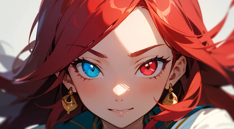 masterpiece, best quality, best quality, masterpiece, highres, focus, anime style, a closeup of a cartoon of a woman, girl design, portrait, giesha, anime image, long hair, red hair, heterochromia eyes, hair covering ears, polished and powerful look, exotic, tall, freckles, cheerful, luxury clothing, colorful, colors