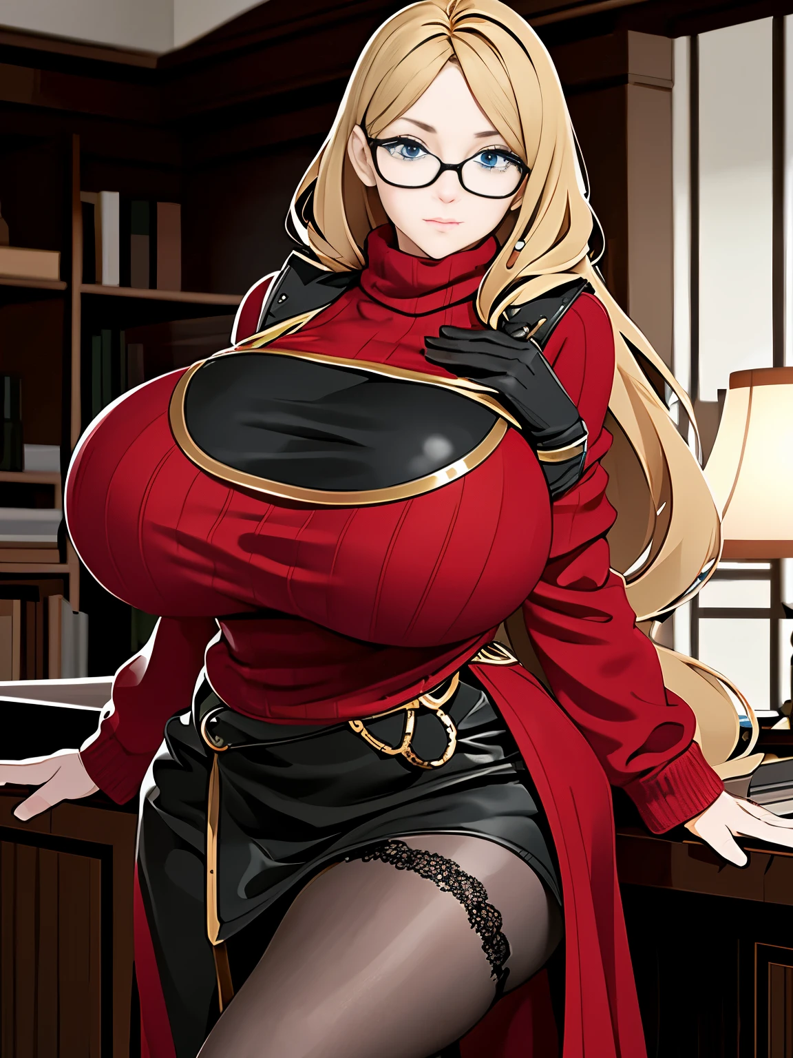 drill hair，Eyes are exquisite and delicate，Wearing glasses and light hair，Black sexy lace sweater，Red Lingeri，Leather hip skirt，Colossal tits，overmany，big and droopy，big titietra big tits， （（（tmasterpiece）））， （（Best quality at best））， （（intricately details））， （（hyper realisitc））