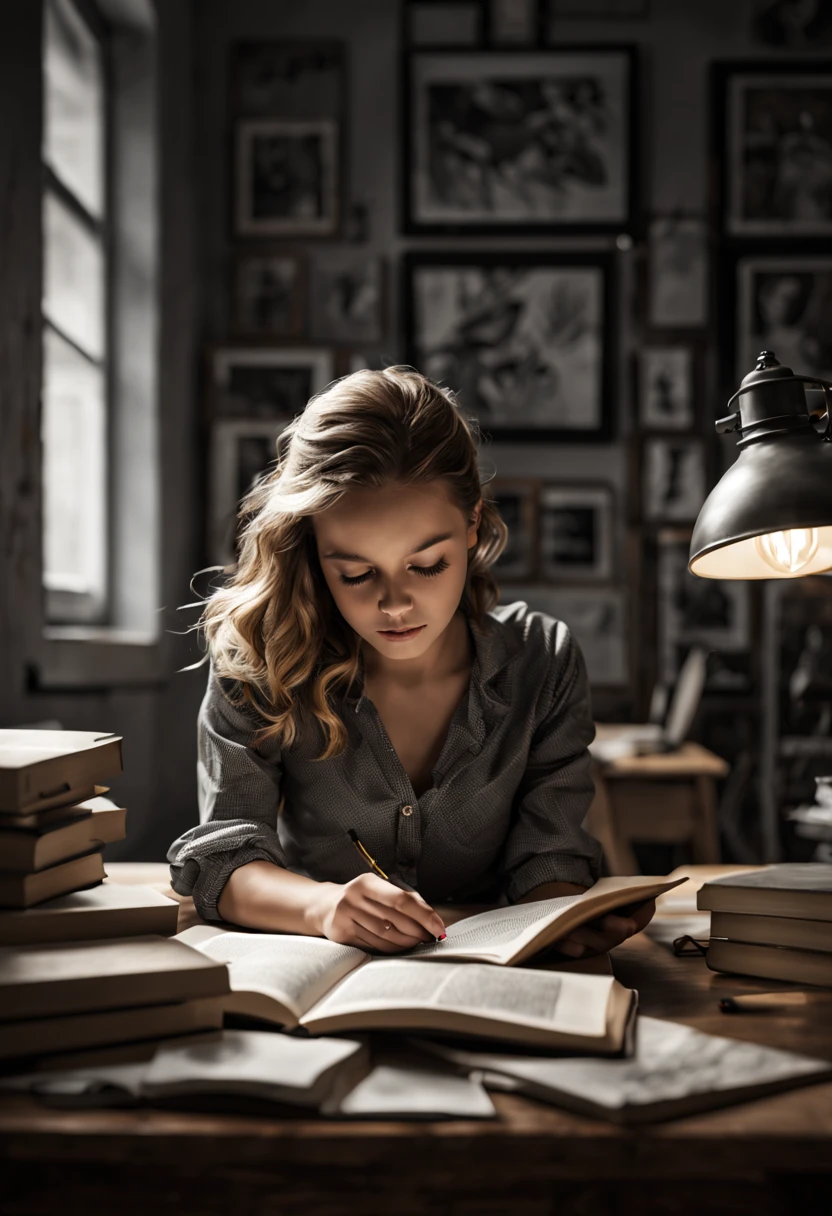 Capture the ethereal of light and shadow in a stunning monochromatic photograph with selective color details, revealing the hidden poetry of A girl reading book, office, (realistic, photorealistic, RAWphoto:1.4), octane render, (best quality, masterpiece, Representative work, official art, Professional, unity 8k wallpaper:1.3)