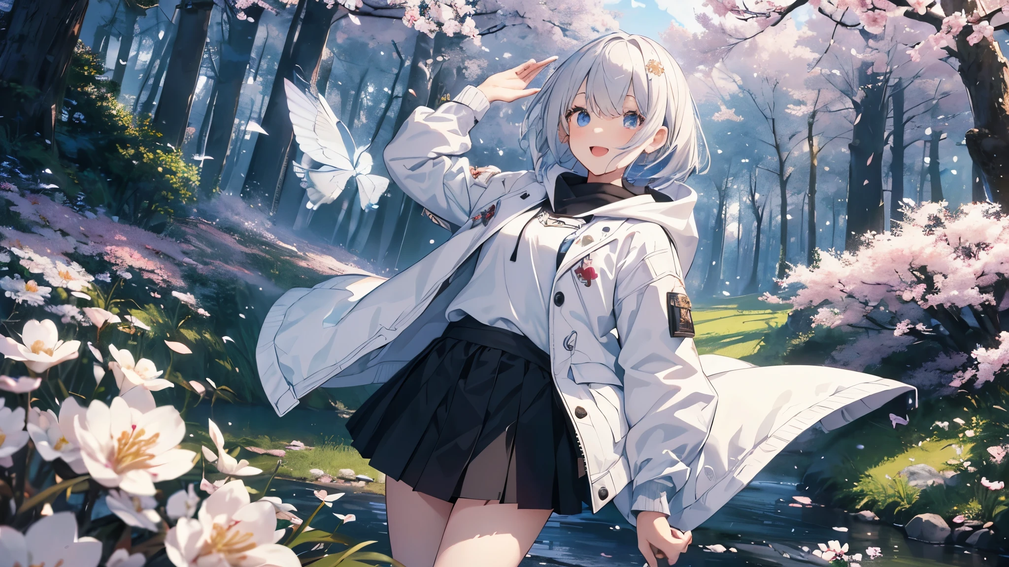 Ultra-high image quality,Look at viewers, hands behind back, girl with, 20 years old, Very short hair, long bangs between eyes, blue eyess,Black eyes, Hoodie, Skirt , Extremely detailed,(masterpiece、top-quality),White hair、A smile、Fantastical, Silver hair,, Hoodie, White hoodie,a black skirt,Hair is short,White jacket, Casual style,Open jacket, Cowboy Shot、Fluttering hair、a small face、Bright smile、(Detailed face) ,profetional lighting,fantastic landscape,Blue sky, Sunlight,look down from above,portraitures、open open mouth、facing front、fountain in the forest、flower field、cherry blossoms falling、5 fingers