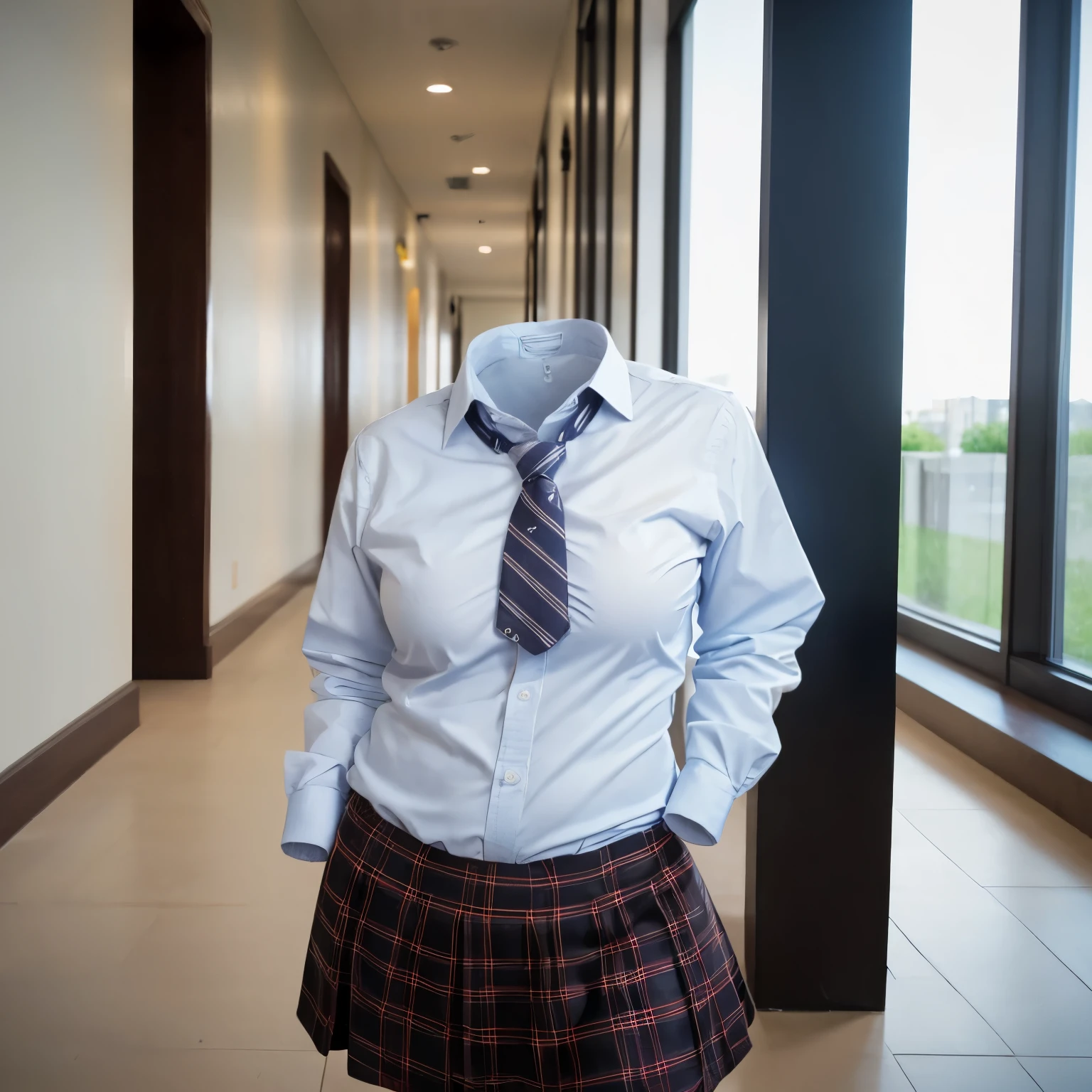 chubby, fat, school stripe tie, school tie, school uniform, plaid skirt, cute pose, lower body, (invisible, no humans, headless, faceless:1.5), cute big breasts, (8k, RAW photo, best quality, masterpiece, high resolution, extremely detailed CG:1.2), (realistic, photo-realistic:1.37), photon mapping, radiosity, ((Hasselblad photography)), physically-based rendering