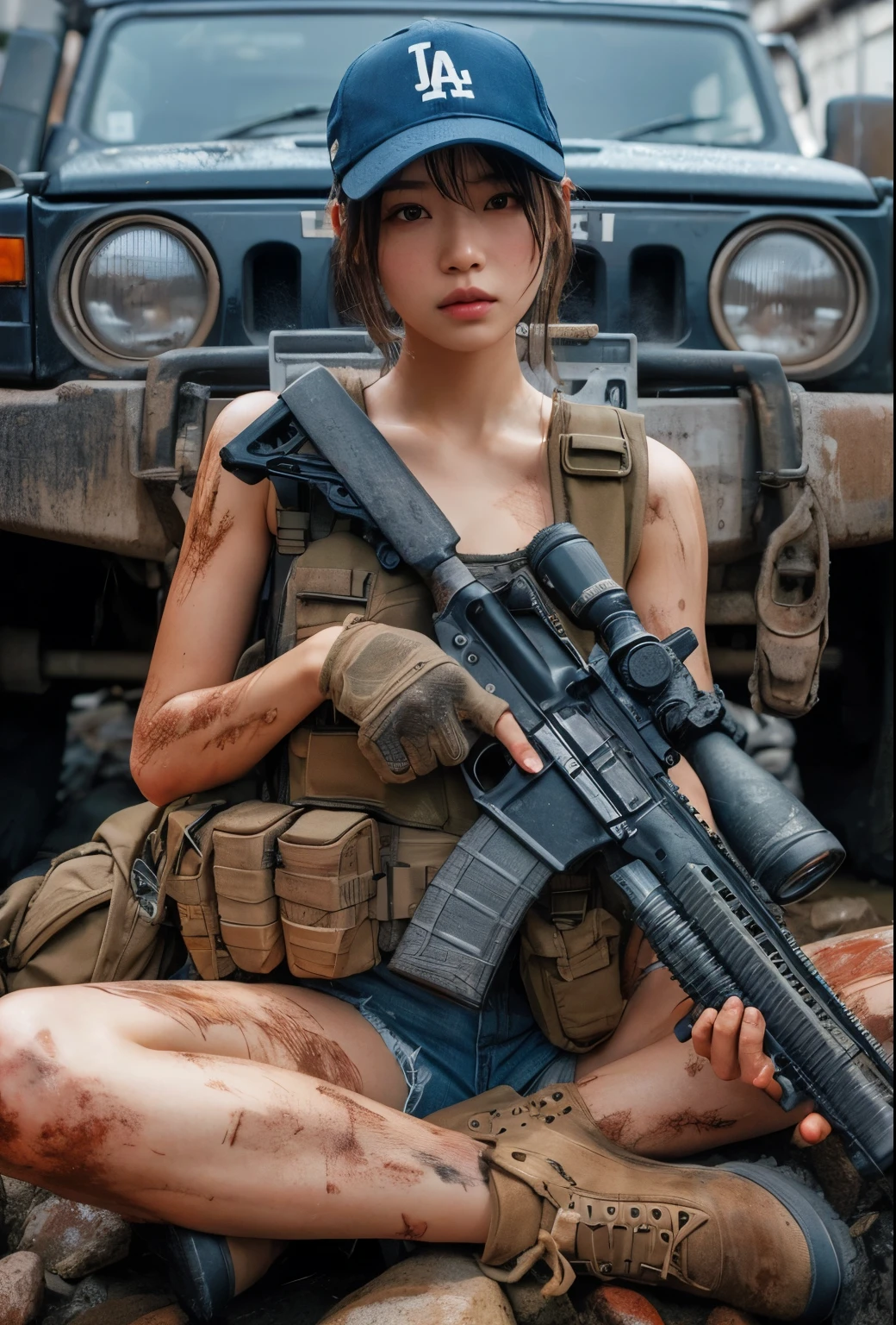 Photorealsitic、realistic skin textures、automatic rifle、Bolides、wounds