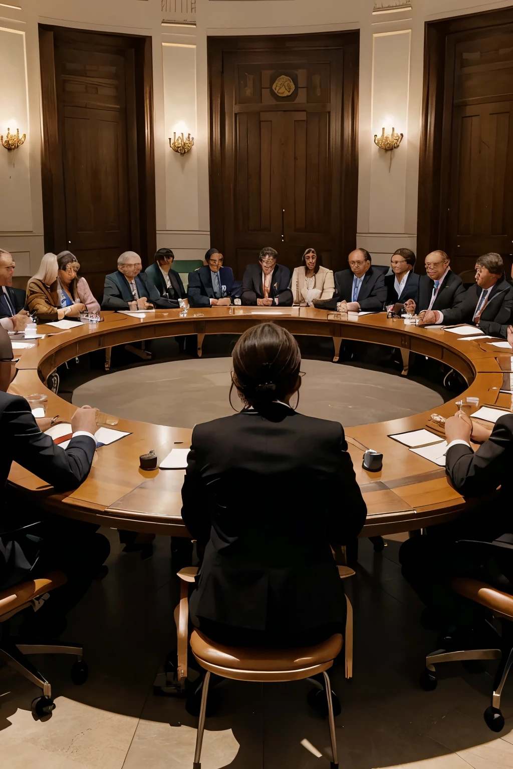 Generate an image depicting a summit of European leaders seated around a large round table, with a unique twist: position the leaders in the back row, while placing ordinary individuals, including youth and young women, in the front row behind the table. Capture the essence of inclusivity and representation in this dynamic scene.