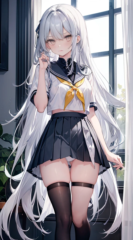 blue gray long hair,diagonal hair curtains,Hair is scattered around the waist,Black short sleeve sailor uniform school uniform plus skirt,White skin of the,pale bluish yellow eyes,Innocent eyes,angry and swollen,He has small scissors in his hand to cut his hair.,girl,Colossal tits,(((tucking up the skirt、White panties are visible,)))