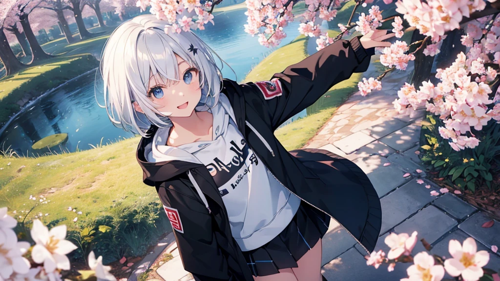 Ultra-high image quality,Look at viewers, hands behind back, girl with, 20 years old, Very short hair, long bangs between eyes, blue eyess,Black eyes, Hoodie, Skirt , Extremely detailed,(​masterpiece、top-quality),White hair、A smile、Fantastical, Silver hair,,  Hoodie, White hoodie,a black skirt,Hair is short,White jacket, Casual style,Open jacket,  Cowboy Shot、Fluttering hair、a small face、Bright smile、(Detailed face) ,profetional lighting,fantastic landscape,Blue sky, Sunlight,look down from above,portraitures、open open mouth、facing front、fountain in the forest、flower  field、cherry blossoms falling、5 fingers