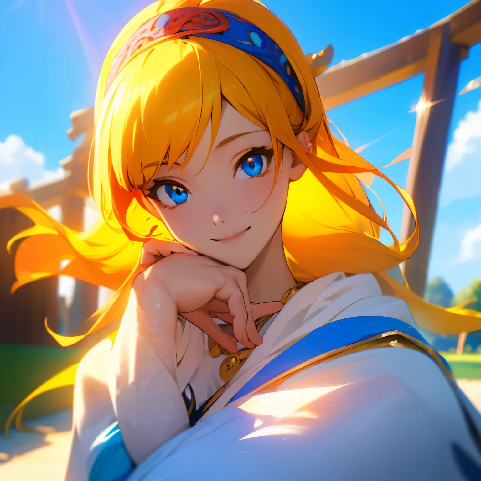masterpiece, best quality, best quality, (Intricate detailed:1.2), beautiful eyes, 1girl, solo, outdoors, blue sky, cloudy, bokeh, lens flare, anamorphic lens flare, depth of field, seductive face, seductive smile, heanna_sumire, yellow hair, red headband,