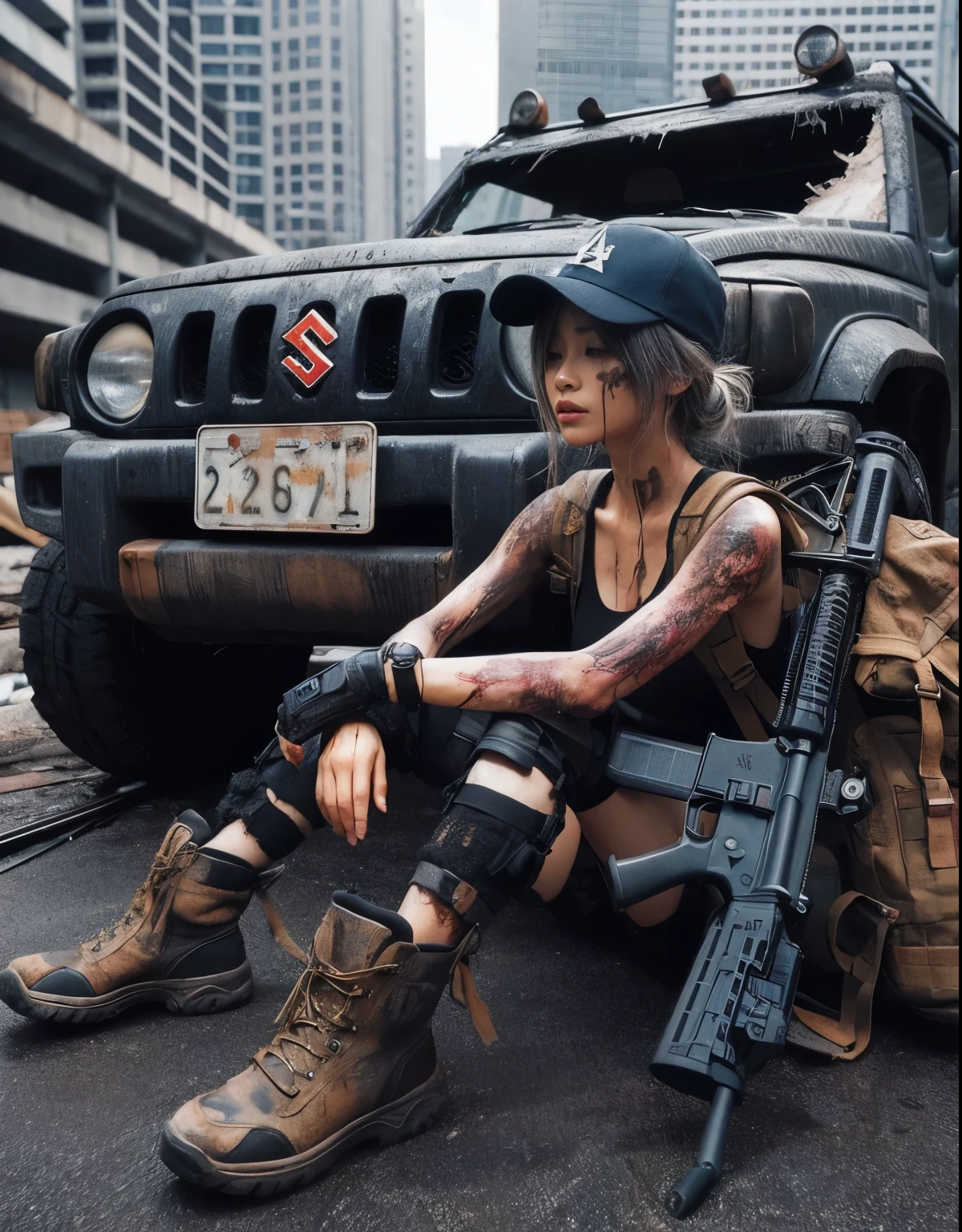 Photorealsitic、realistic skin textures、automatic rifle、Bolides、wounds
