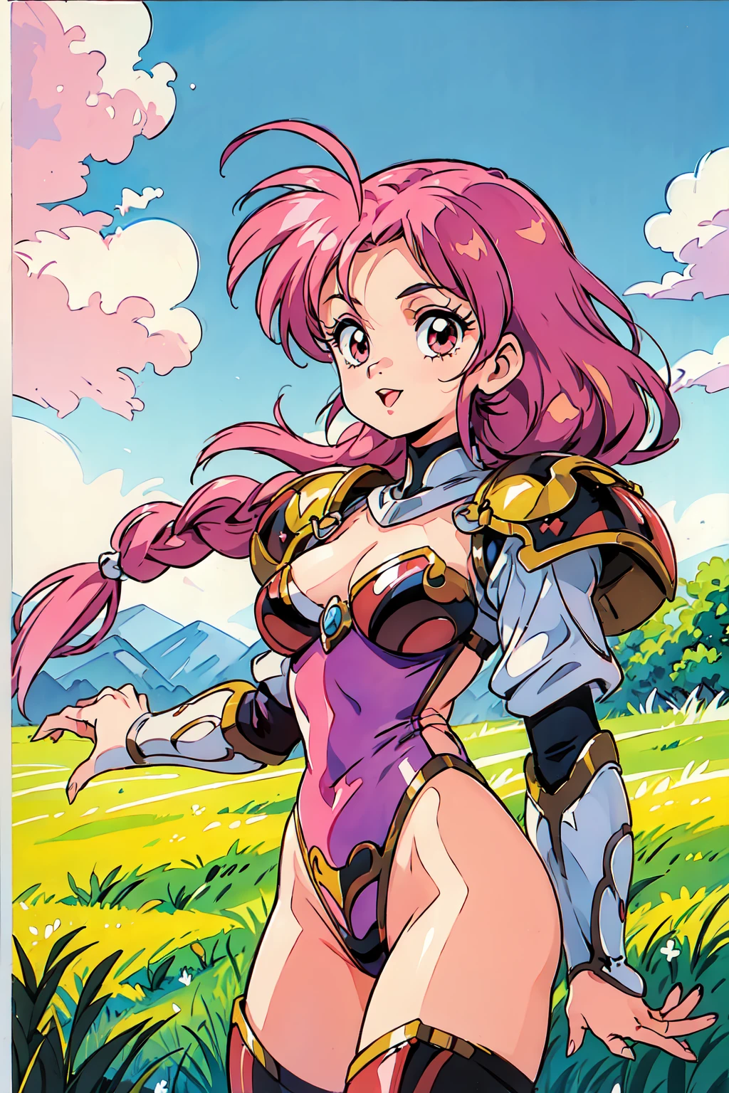 "(masterpiece:1.1), best quality, 
1girl, (traditional media 80s:1.4), (eyelashes:1.5), (loli:1.2), 
(intricate high detailed body:1.2), 
(pink hair:1.1), (forehead:1.1), (twin braids:1.1), (crown:1.1), 
red eyes, (lip stick:1.2), 
(large breasts:1.1), 
(light smile:1.2), open mouth, 
(strapless leotard armor:1.2), (knight armor, armored boots:1.2), 
(ahoge:1.2), sleeve, 
standing, (dynamic pose, action pose:1.2),
(upper body, cowboy shot, looking at viewer:1.1),
(daytime, grassland, outdoors:1.1)"