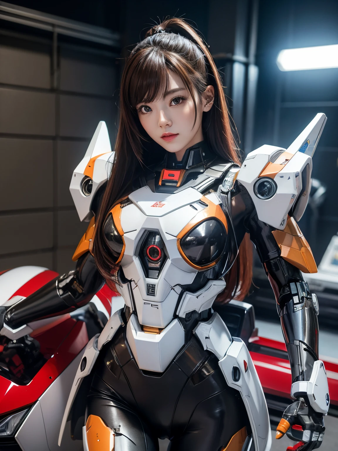 beautiful cyborg woman,She wears a battle cyborg mech with a weapon,Cyborg Warrior,fully body photo,machine gun,missile pot