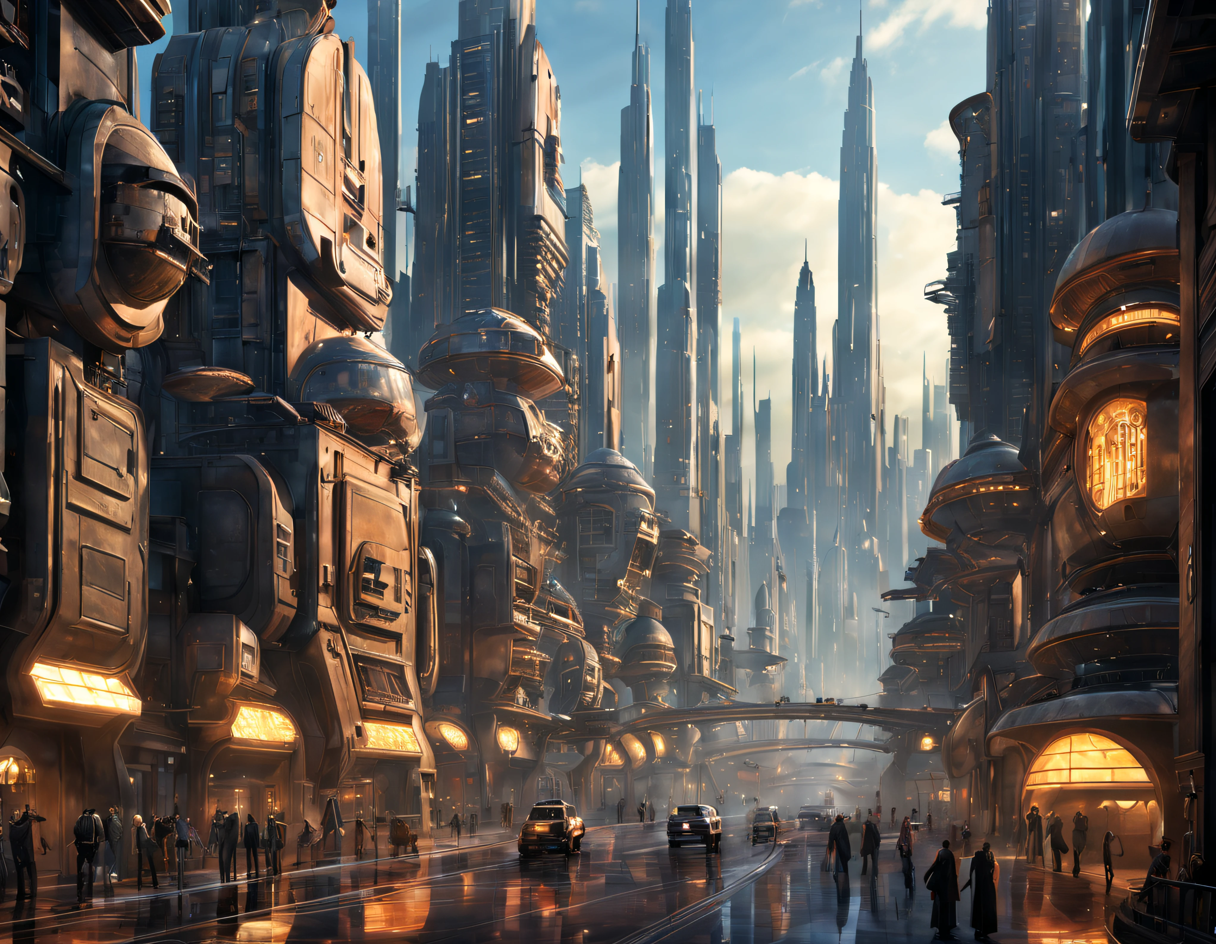 (The city of Coruscant from Star Wars as designed by Doug Chiang), futuristic fantasy city with immense buildings of technological design (que forman una avenida infinita), edificios compactor no difuminados con aspecto metalico, luces en ventanas en edificios, iluminacion diurna con sol, con estructuras acristaladas espectaculares, (con colores vivos). pavimento ensolado (sin brillo). gente paseando. imagen bien definida con muchos edificios juntos. imagen nitida bien definida 8k. los edificios llegan alta el fondo.,8k. imagen cinematografica