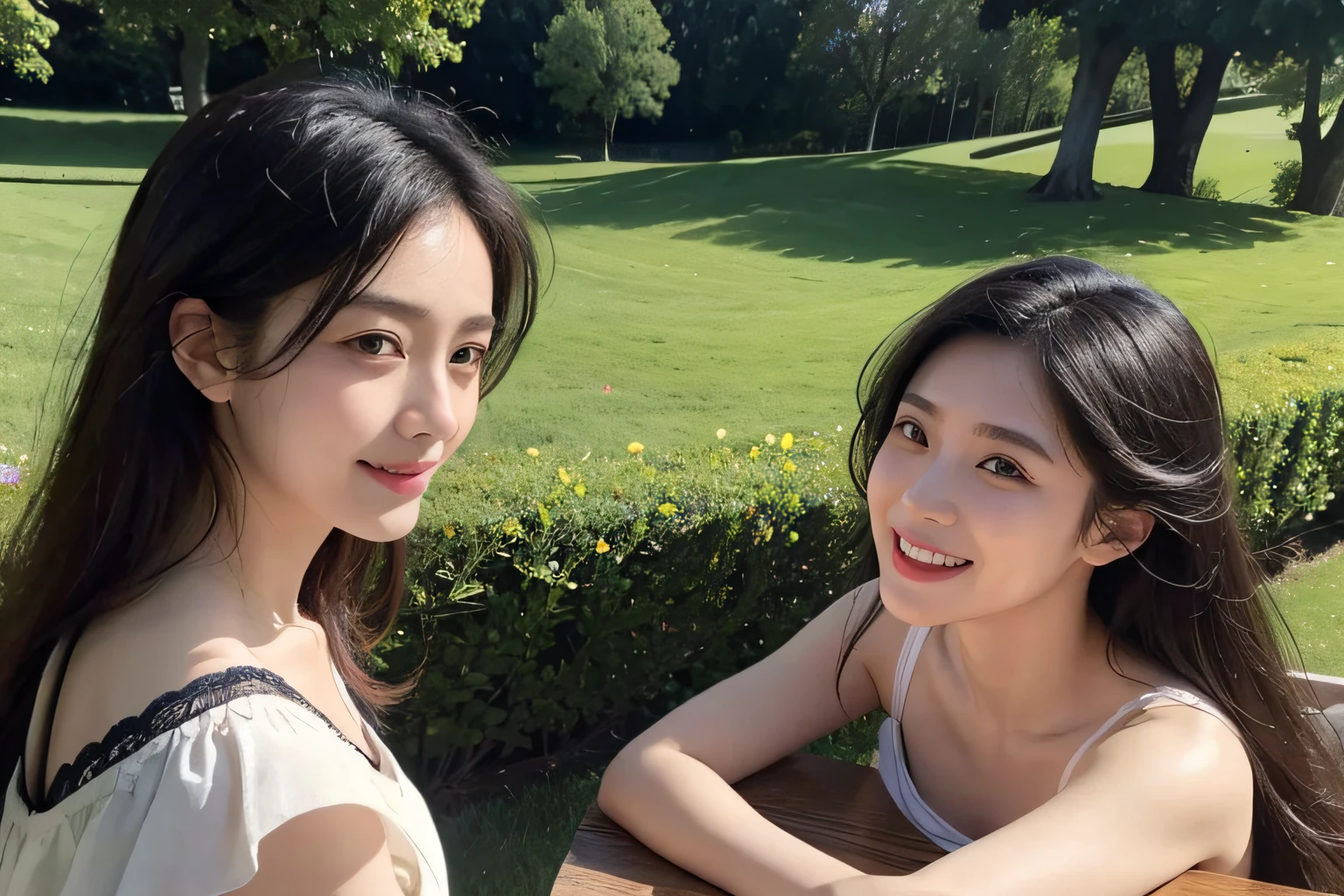 Poussin-style landscape,A smile,,Sweet and seductive appearance.、Caravaggio's paintings、Chiaroscuro of Caravaggio、Hair disheveled in the wind,Two women frolicking,Cute smile, Expression of ecstasy,A sexy,erotick