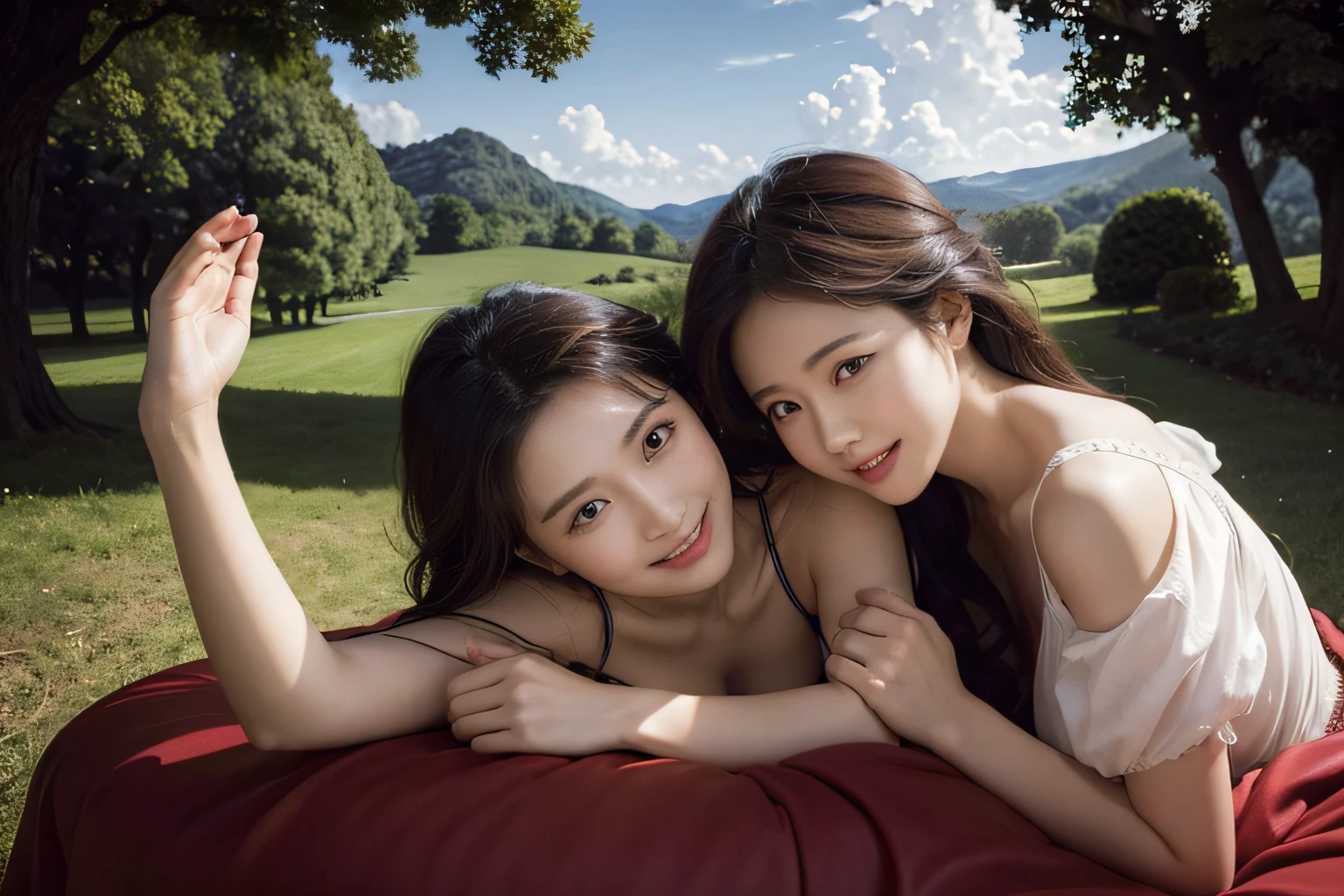 (5 female students), bright smile, beautiful mouth, (Bare shoulders), big breasts, pleated skirt, blonde hair, black hair, long brown hair, bangs, sitting on elegant man's stomach on flower-filled lawn wild, mountainous scene in the background, good lighting (Best quality, Super detailed), (Heavenly starlight), (Wrapped in light), (Beautiful and mysterious),