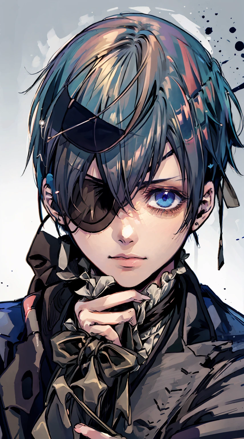 (Ciel Phantomhive,Kuroshitsuji),1boy, eyepatch on left eye,male photo, elegant,best quality, (masterpiece:1.2),ultra detailed