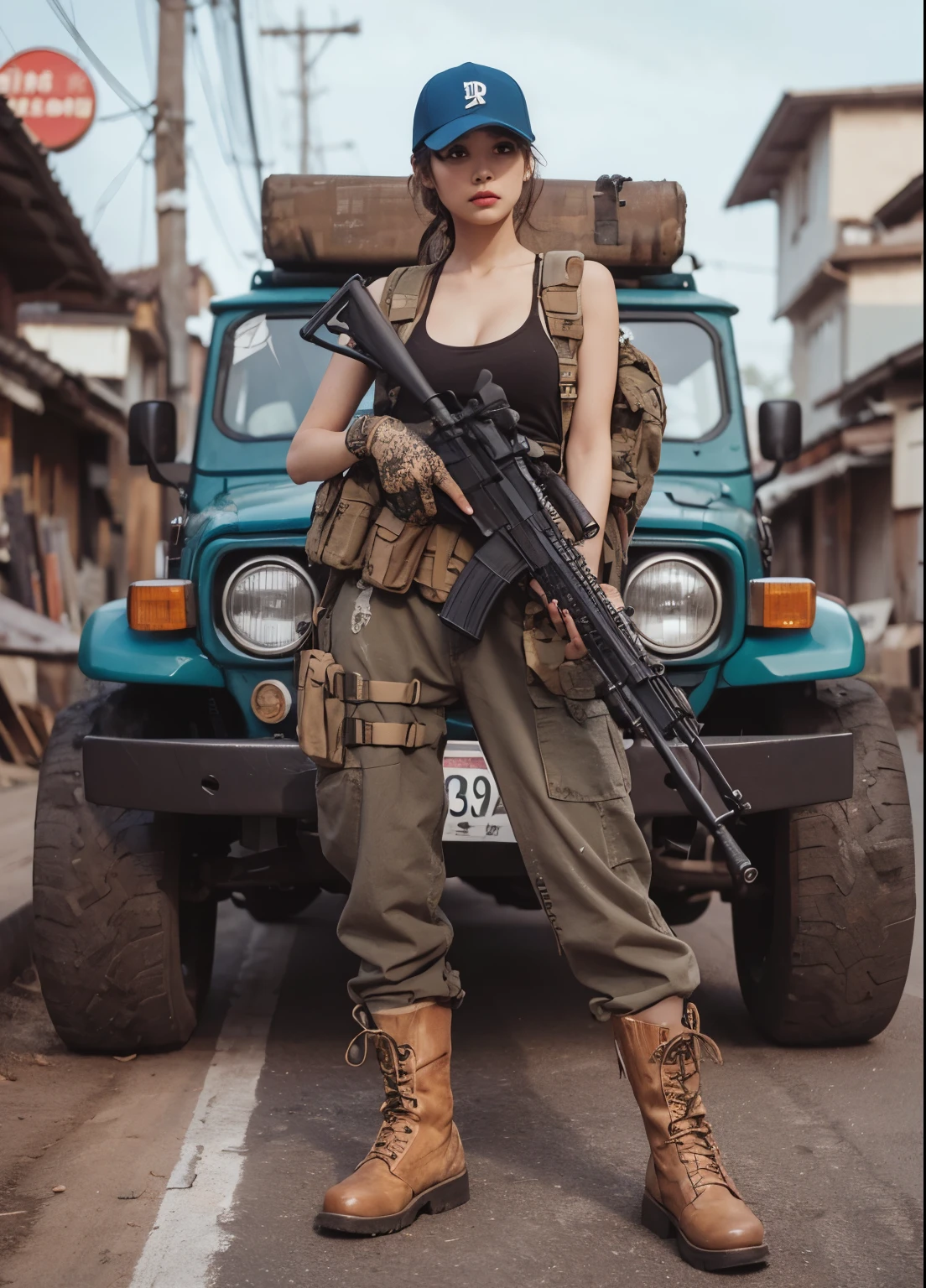Photorealsitic、realistic skin textures、automatic rifle、Bolides、wounds