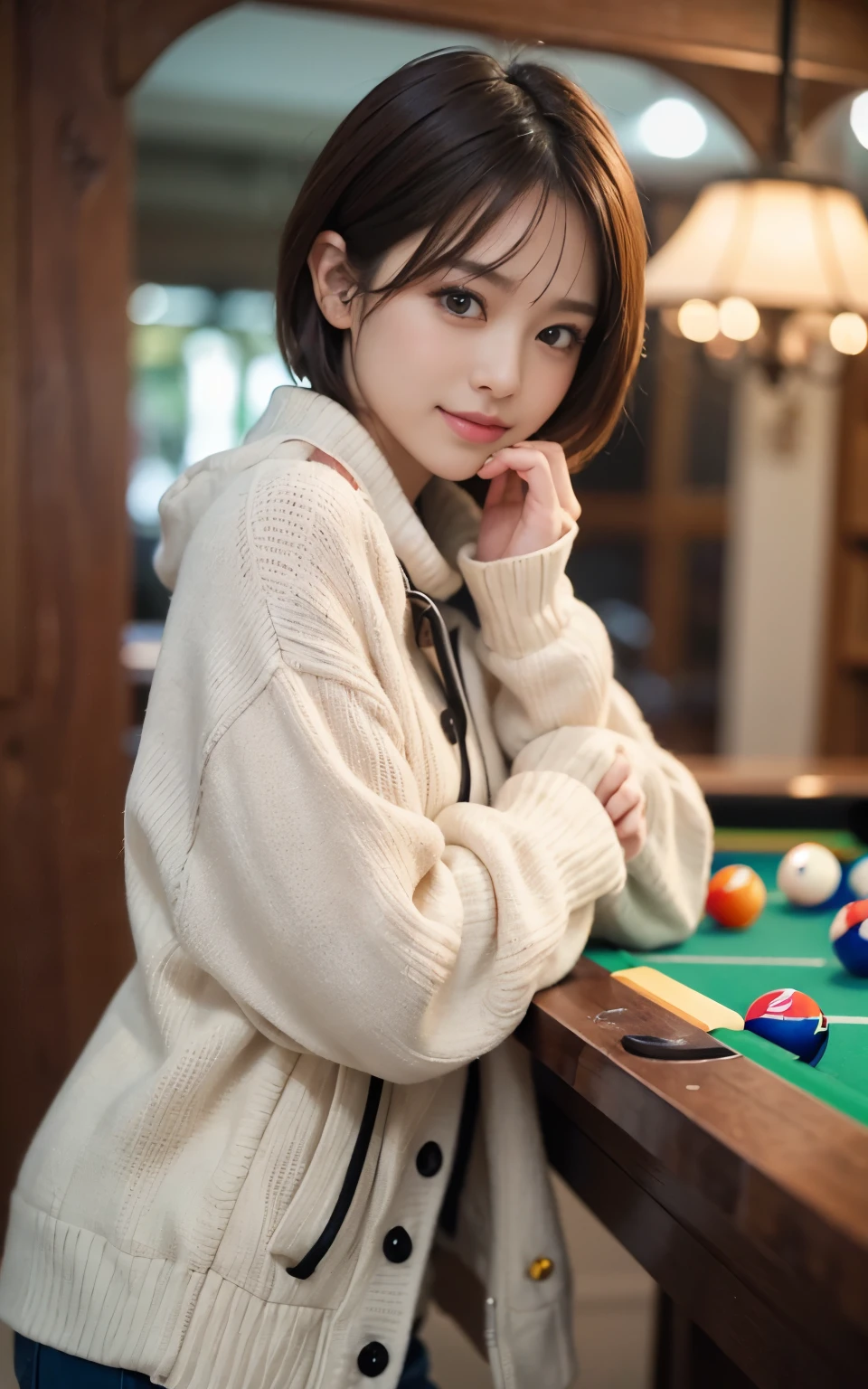 Cute 21 years old Japan、billiards、date、A smile、Super Detail Face、Eye of Detail、二重まぶた、beautiful thin nose、foco nítido:1.2、prety woman:1.4、(light brown hair,short cut hair, White skin、top-quality、发光、​masterpiece、超A high resolution、(Photorealsitic:1.4)、cute fancy winter clothes、colorful muffler、